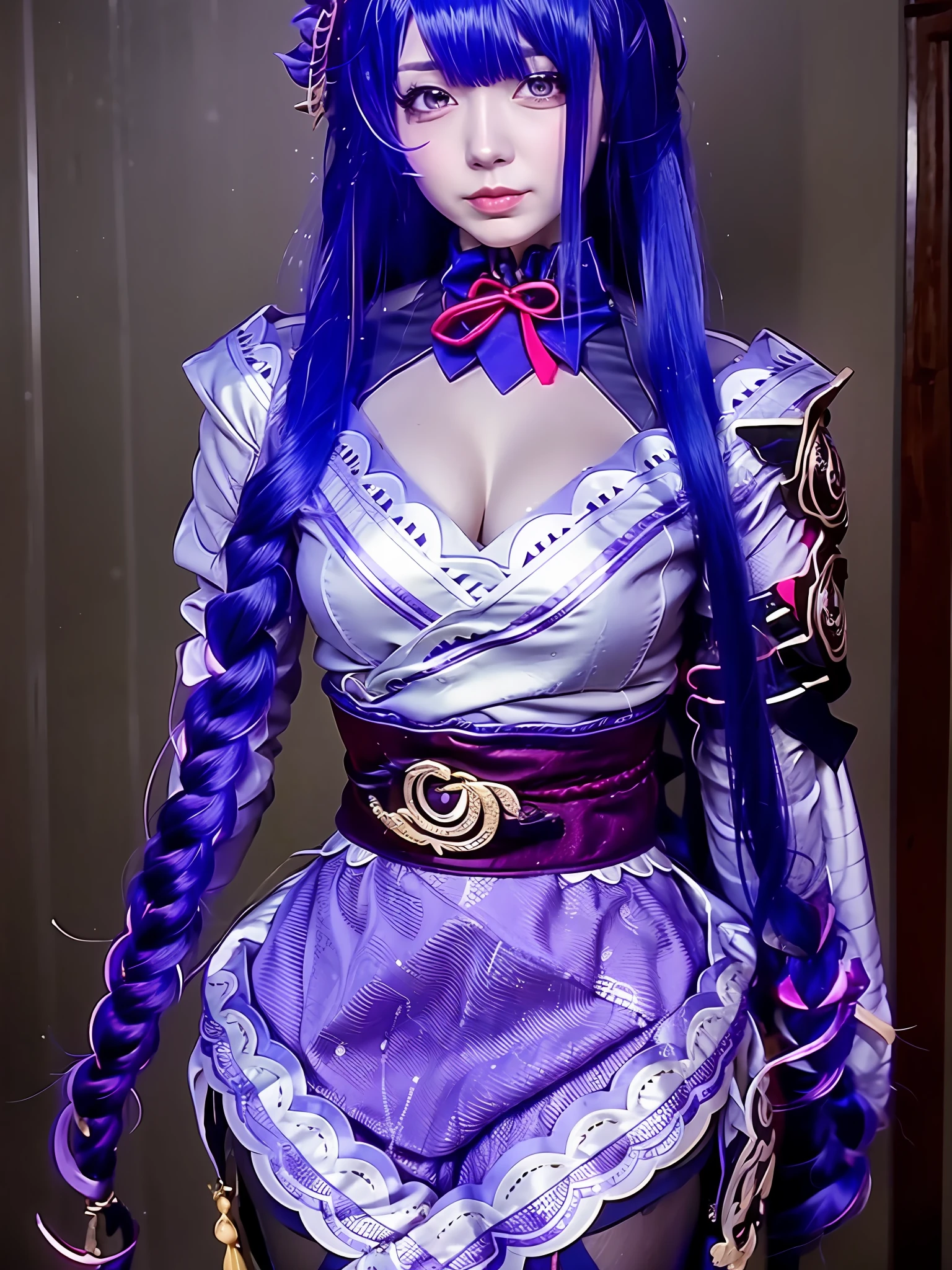 arafed woman with purple hair and a purple dress posing for a picture, Anime girl role play, Anime role-Playing with the, anime inspired, ayaka genshin impact, rpg, anime girl in real life, 《genshinimpact》in the clear, professional cosplay, realistic cosplay, ornate cosplay, Sakimichan, portrait knights of zodiac girl, ayaka game genshin impact，hand-held weapons，The background is by the sea