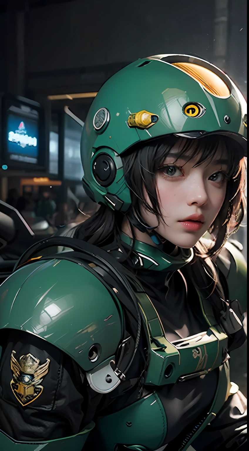Highest image quality, outstanding details, ultra-high resolution, (realism: 1.4), the best illustration, favor details, highly condensed 1girl, with a delicate and beautiful face, dressed in a black and green mecha, wearing a mecha helmet, holding a directional controller, riding on a motorcycle, the background is a high-tech lighting scene of the future city.
