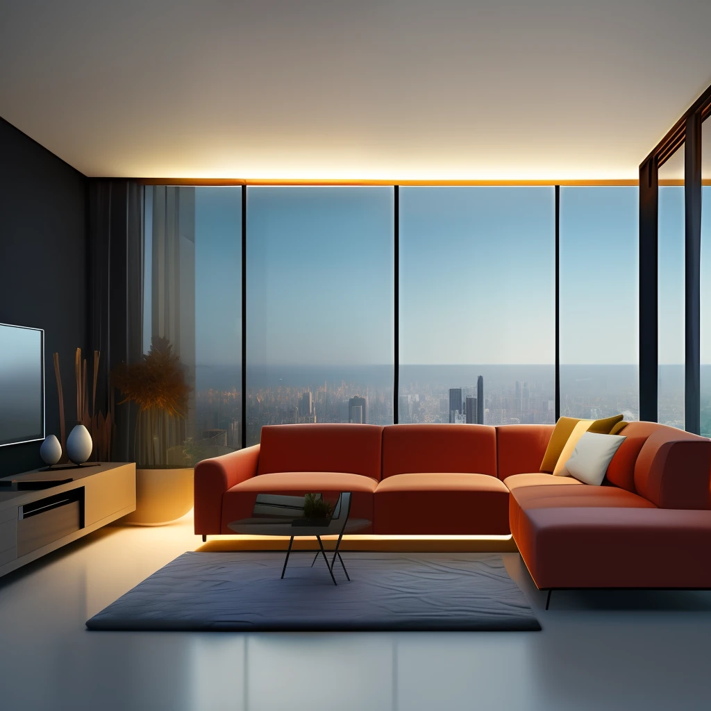 high resolution concept art of an apartment living room overlooking a large futuristic city with floor to ceiling windows and mid century modern furniture cinematic lighting cgsociety