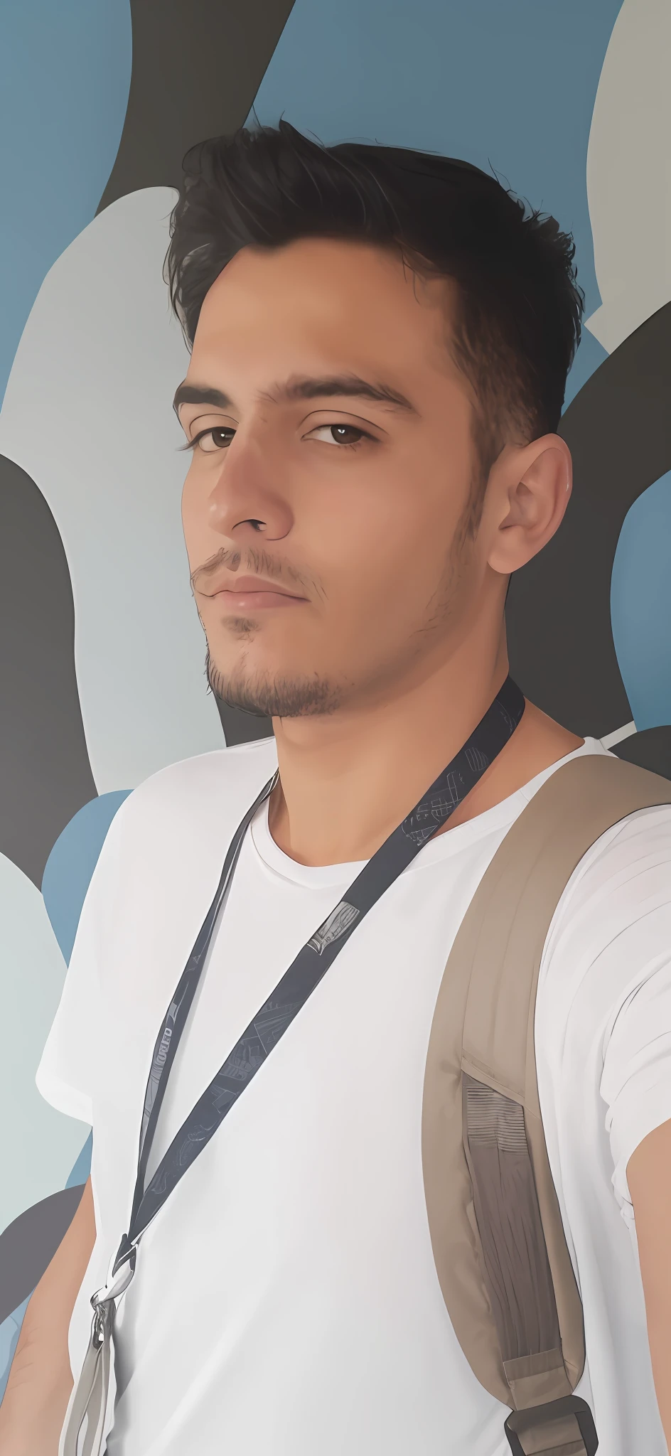 Homem de roupa branca, mochila, cidade de fundo, em uma self