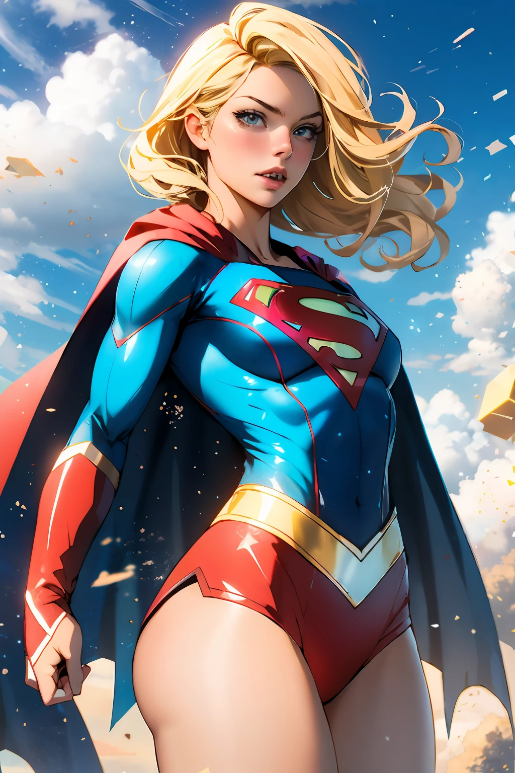 nijistyle, cowboy shot of supergirl, blonde hair, cape, particles, clouds, sky