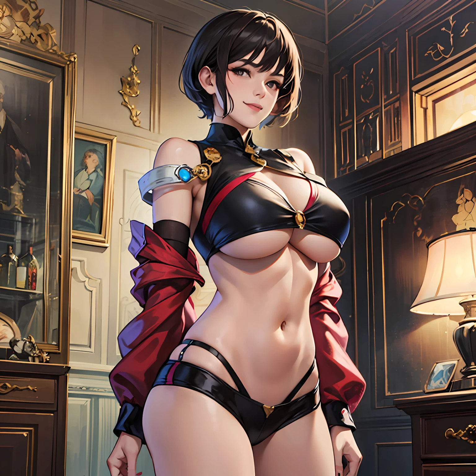 Master peace, 1girl, solo、, dark short hair,, Underboob, Is light_smile, arms crossed, ginormous breasts, big ass. pfotorealistic. --auto --s2