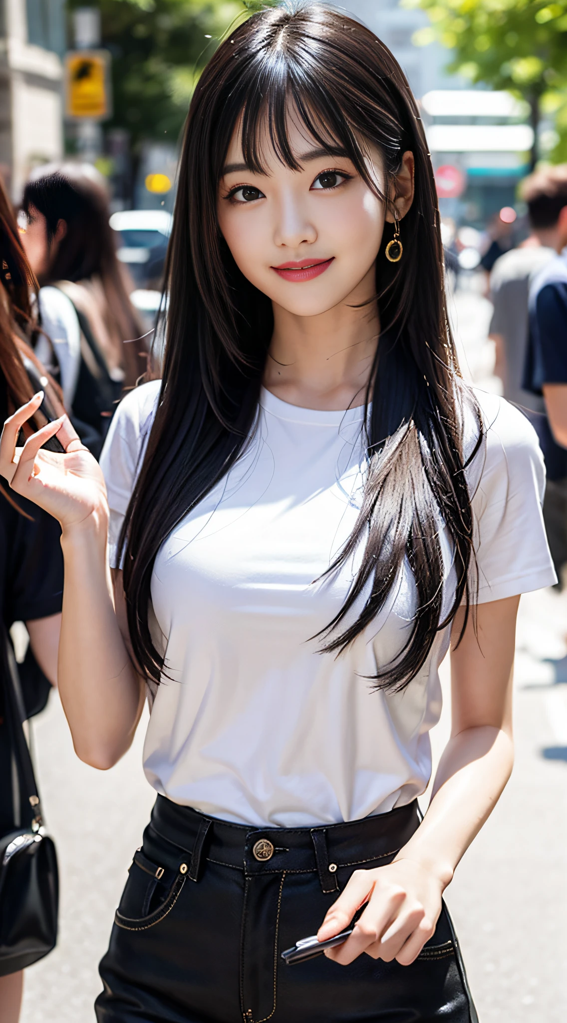 Top CG,1 girl, long black hair, long flowing hair, beautiful, on the street, day, bangs, summer style, sweet smile,