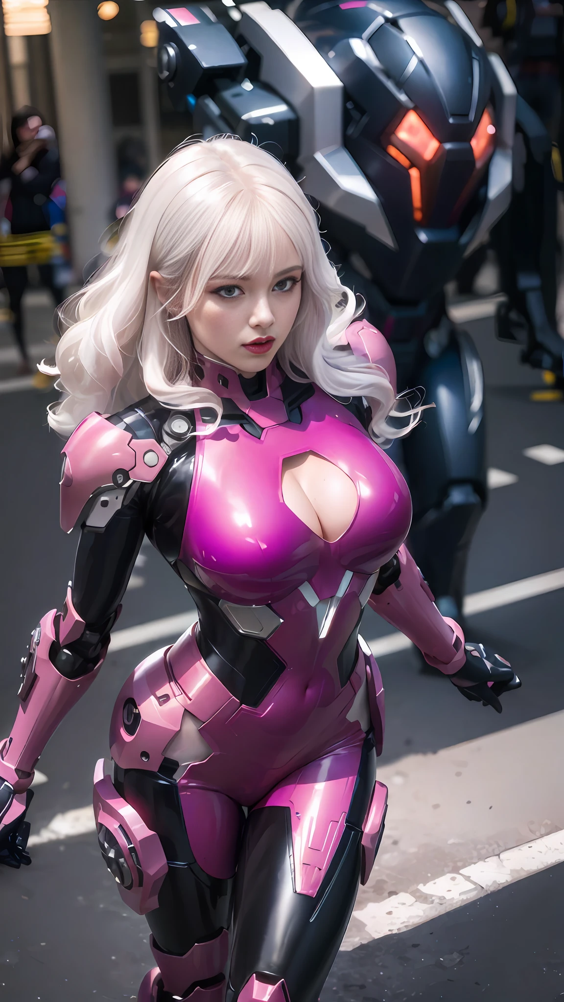 Alafi in a pink suit walks the street,Behind him is a huge robot, girl in mecha cyber armor, slick pink armor, streamlined pink armor, cybersuits, cybersuit, perfect android girl, cyber japan armor, professional cosplay, gynoid cyborg body, cyber japan style armor, cybersuits, sharp silver armor fuchsia skin, cosplayer