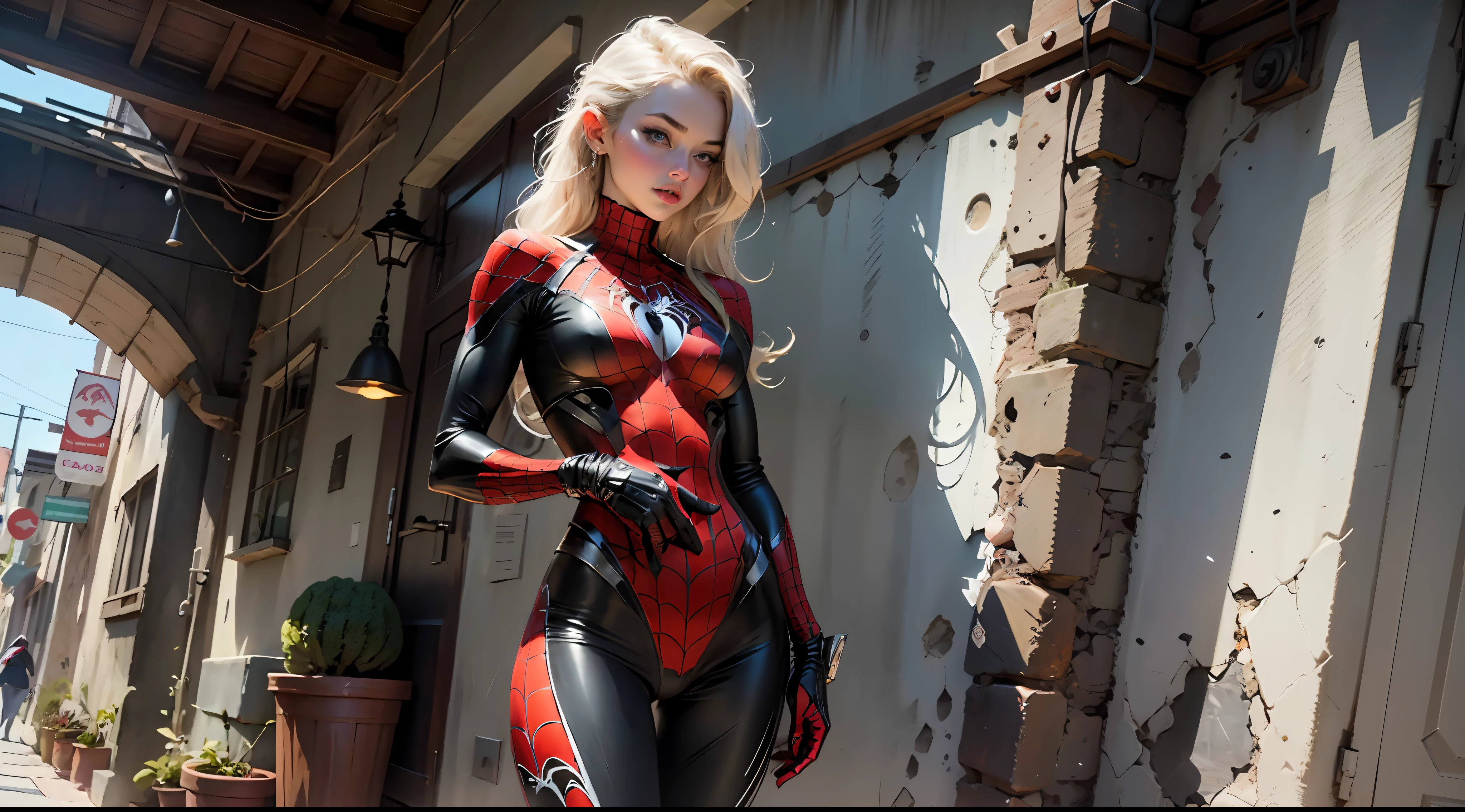 Beautiful woman detailed defined body using spider man cosplay, big breasts