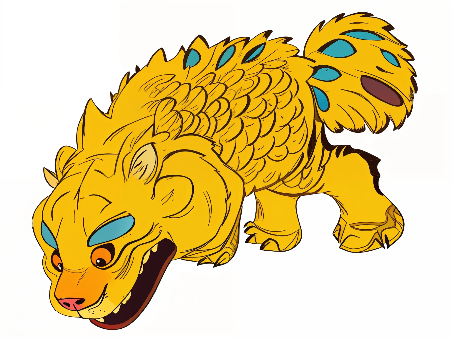 There is a statue of a tiger on the brick wall，Mouth slightly open，Colorful lines on the back，Colored back，Fish scale back，The tail is fluffy，Colored paws，Lovely teeth，animals、 - shaped statue, stunning visual, Anthropomorphic tiger, intriguing details, medium gargoyle soft light, finely painted, great detail, Decorated with traditional Chinese motifs, detailed image, vintage old, Illustration hand drawn, 3 4 5 3 1