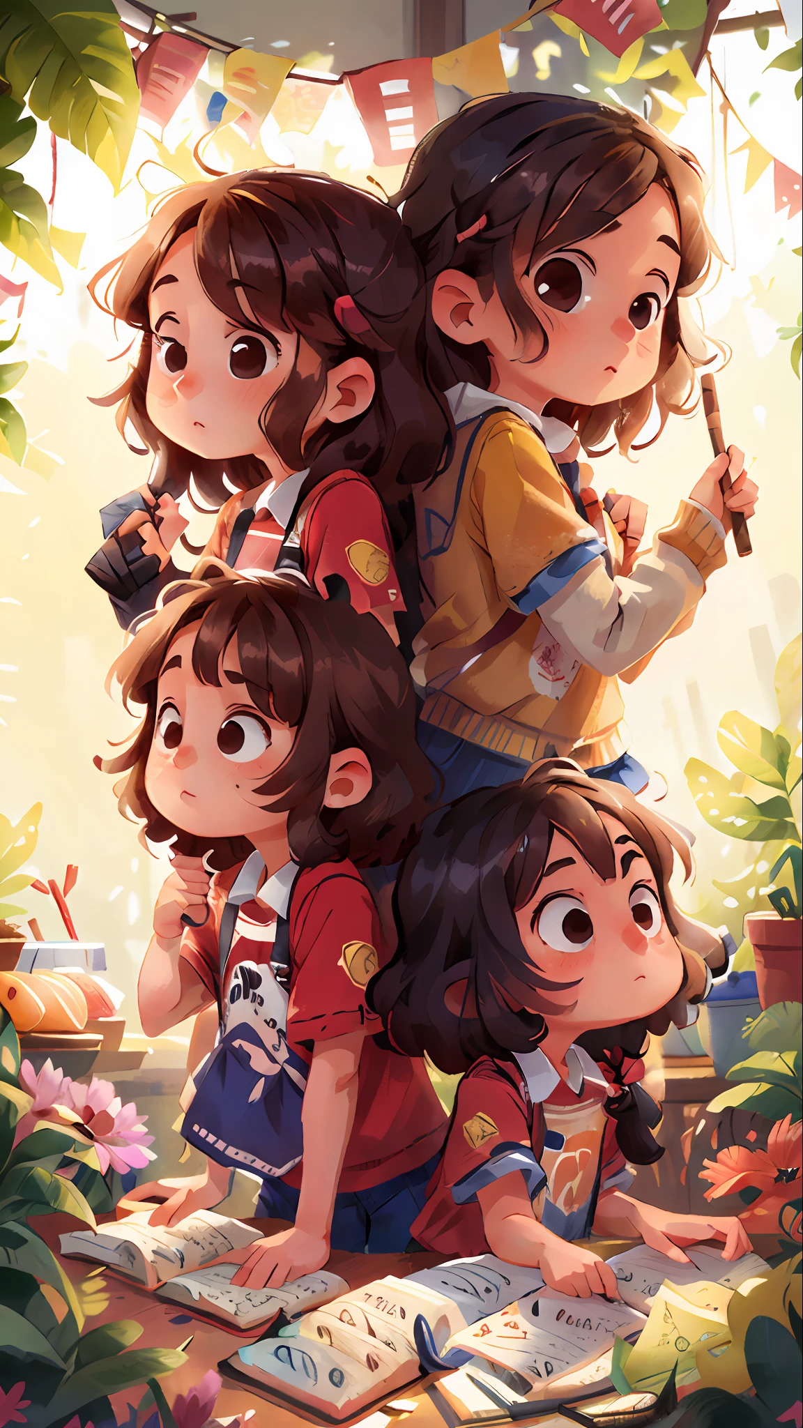 two Girl, twin，, curly brown hair