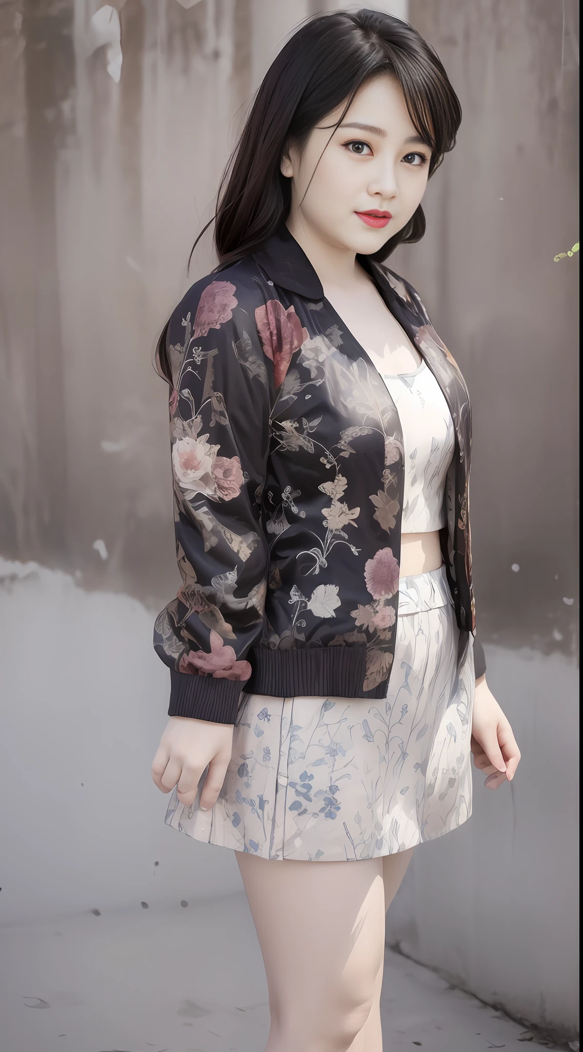 Sweet looking fat girl, long legs, height 180cm, high heels, confident, sunny, beautiful and generous, master photography composition, background blur, refreshing picture, round cute face, Alafeld woman posing for photo in short skirt and jacket, 2263539546], cute: 2, good, female model, with fashion clothing, delicate pattern, 2 D CG, simple stylization, white background: 3, (ivory black), 1285445247], Shaxi