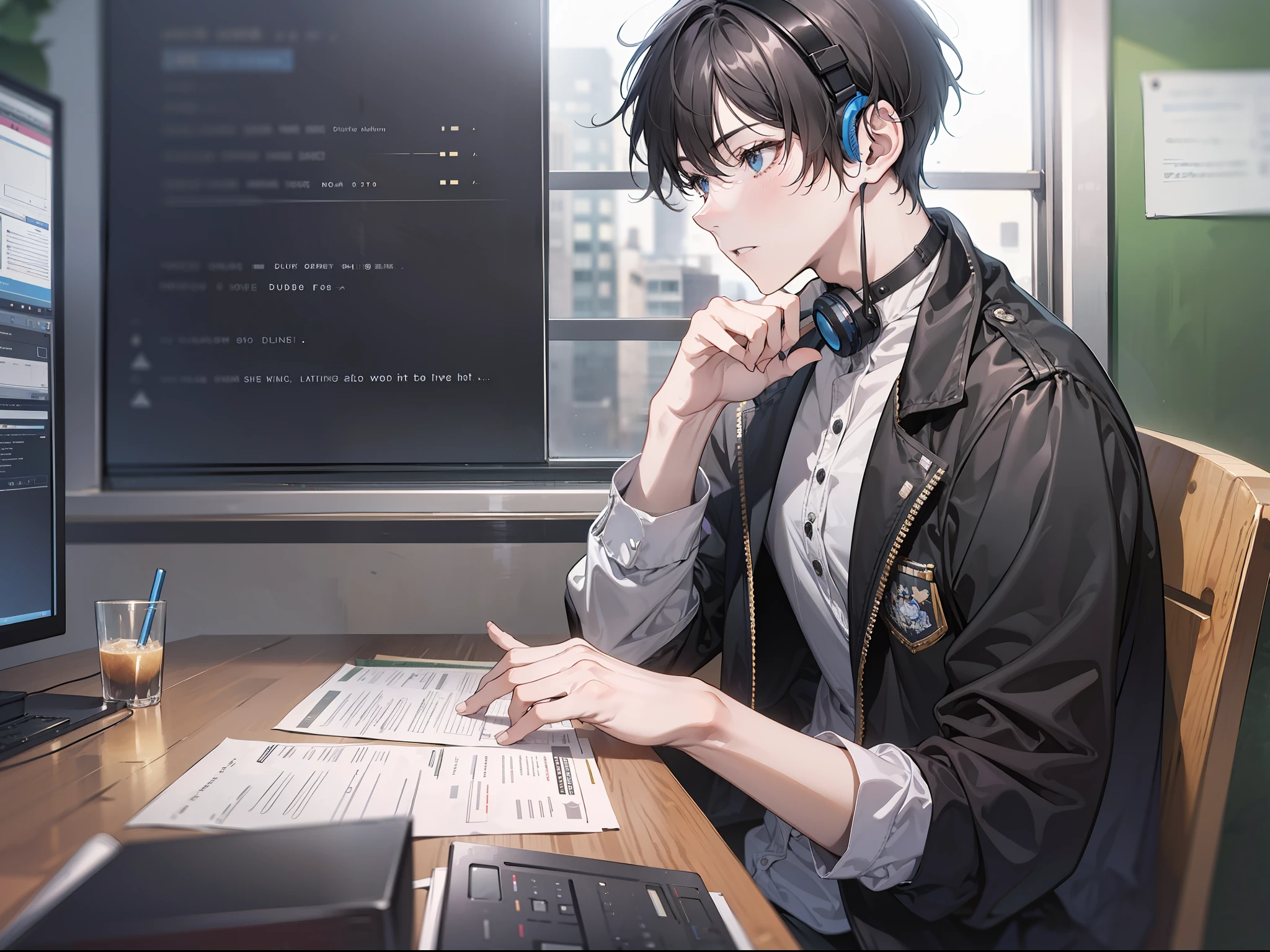A man with short black hair and a cute looking, and another boy, sitting in the dubbing room, in the headset