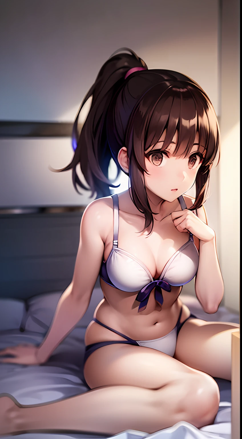 masterpiece, best quality, highres,katou megumi, solo, featuring a floating subject in a dynamic pose. ponytail, white underwear, lie on bed, hide hand behind back,