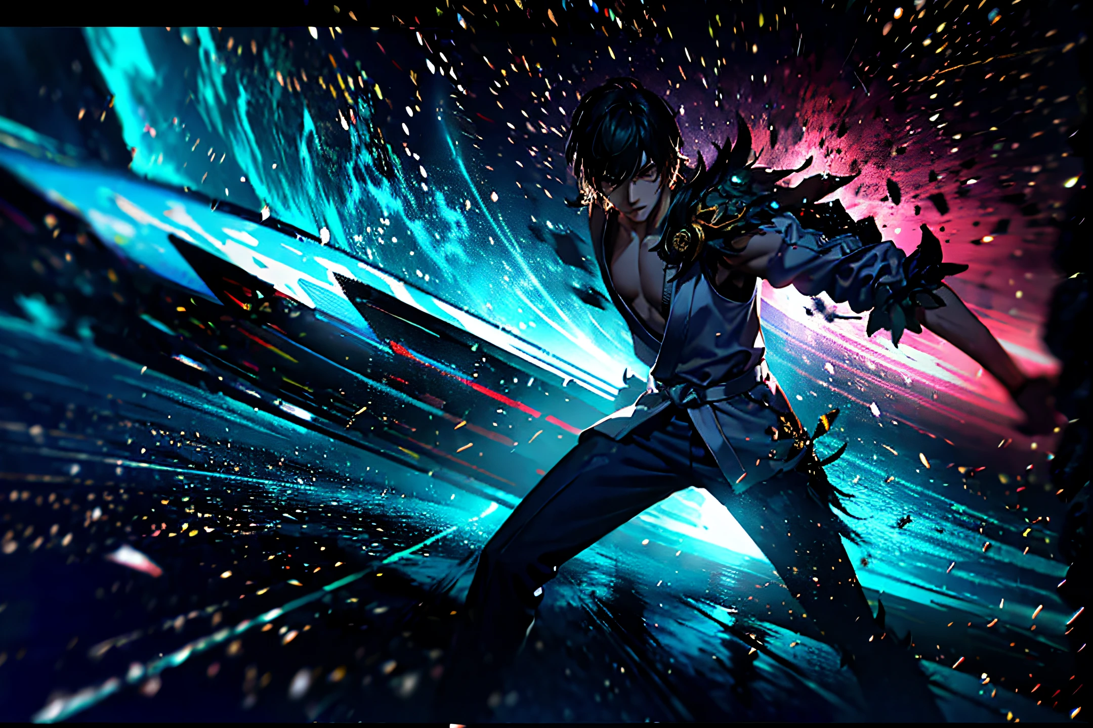 “A martial artist in the style of fantasy and cultivation stands in a lightning-filled scene. With lightning crackling around, he performs a swift and powerful martial arts move, leaving a trail of blurred afterimages. The motion blur creates a sense of dynamic action, resembling the visual effects in a video game.”