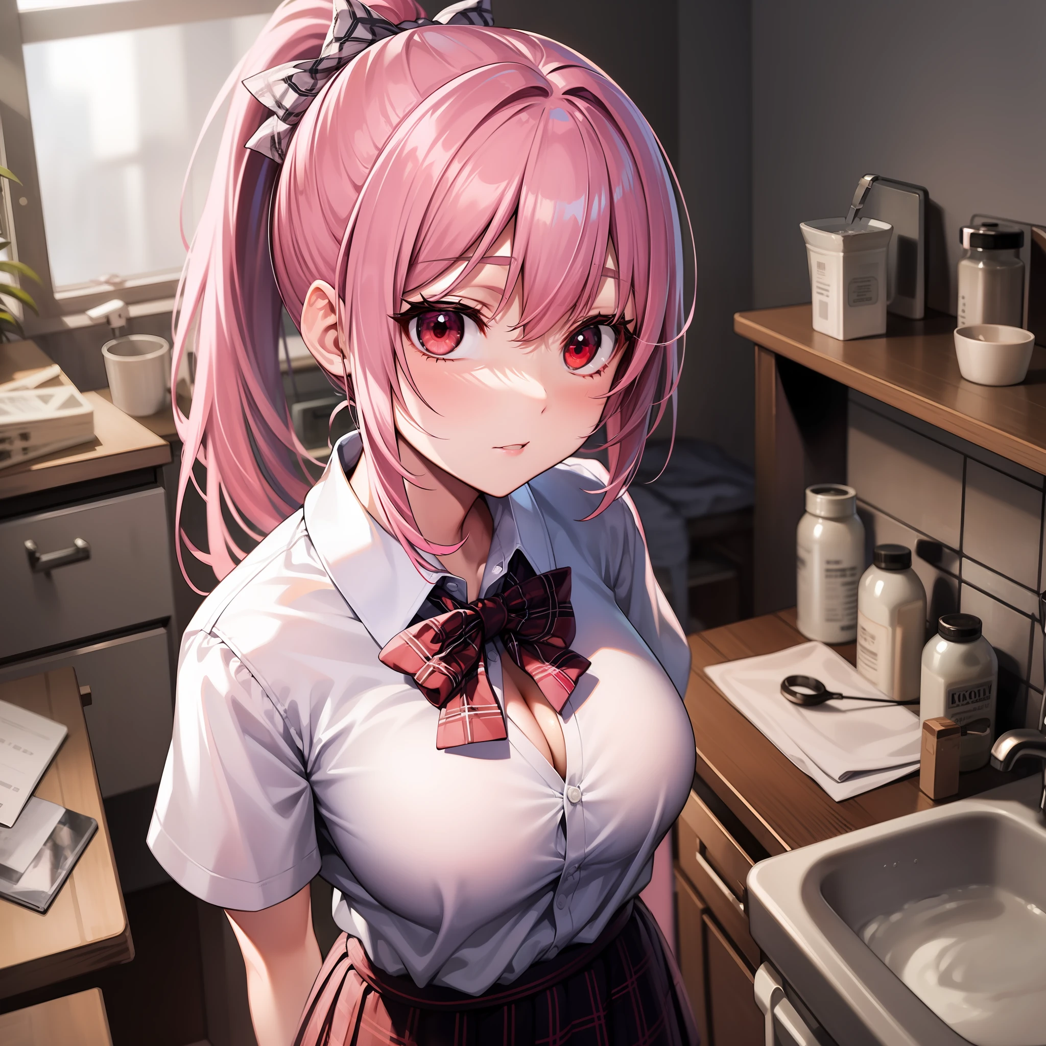 solo、Slender face、long eyelash、Breakdown、(High Ponytail:1.3)、(red eye:1.3)、(Pink hair and white mesh:1.2)、large breast cleavage、slimness、Tartan checked skirt、angle from above、white school uniform、Light blue and white lace underwear、wholebody、Tying hair、Washstand、hOME