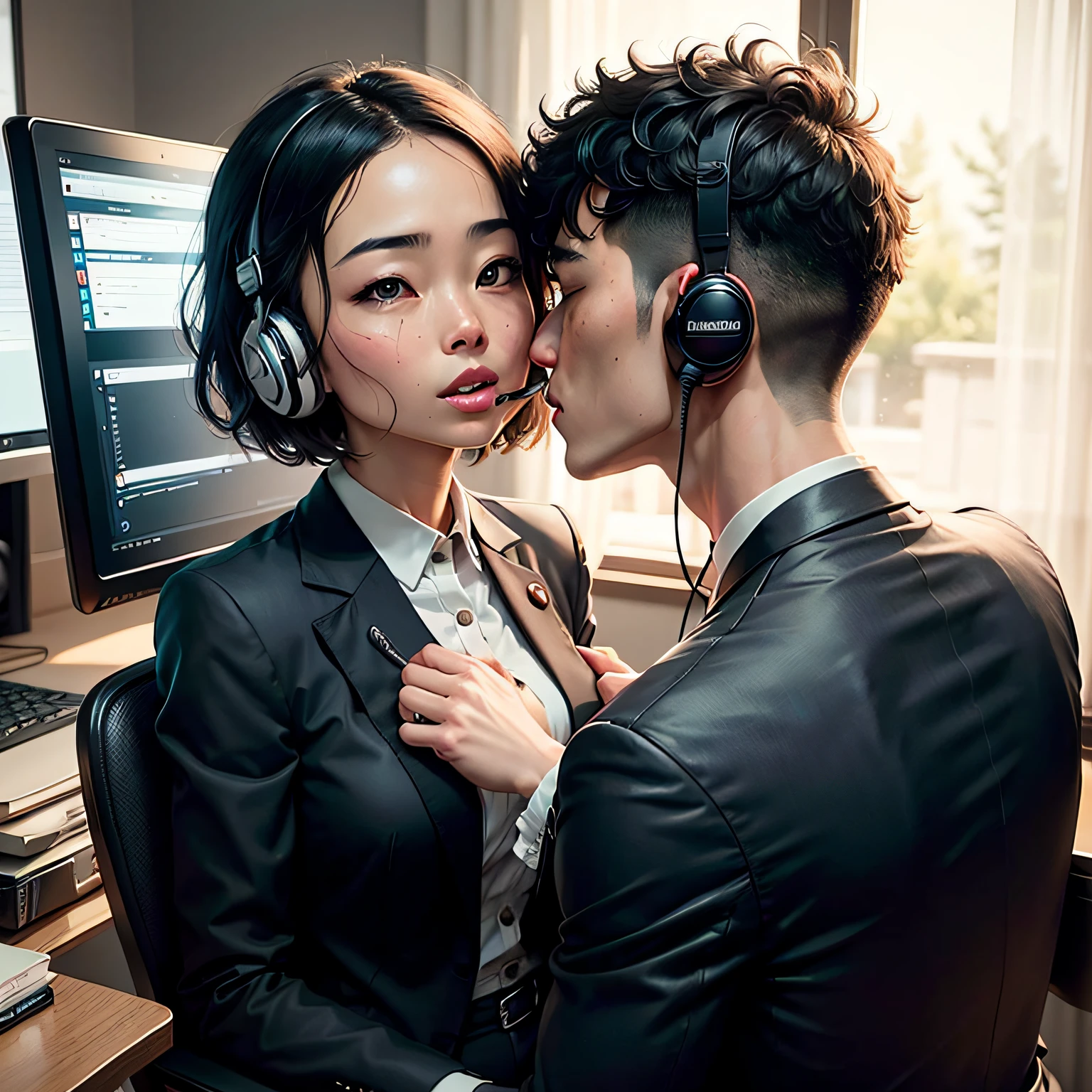 Romantic couple kissing on mouth in computer chair, Beautiful Japanese woman with her back against a computer chair ，Man in black suit with short black shaved hair fear ，There is also a headset around the neck，Making out with the heroine --auto