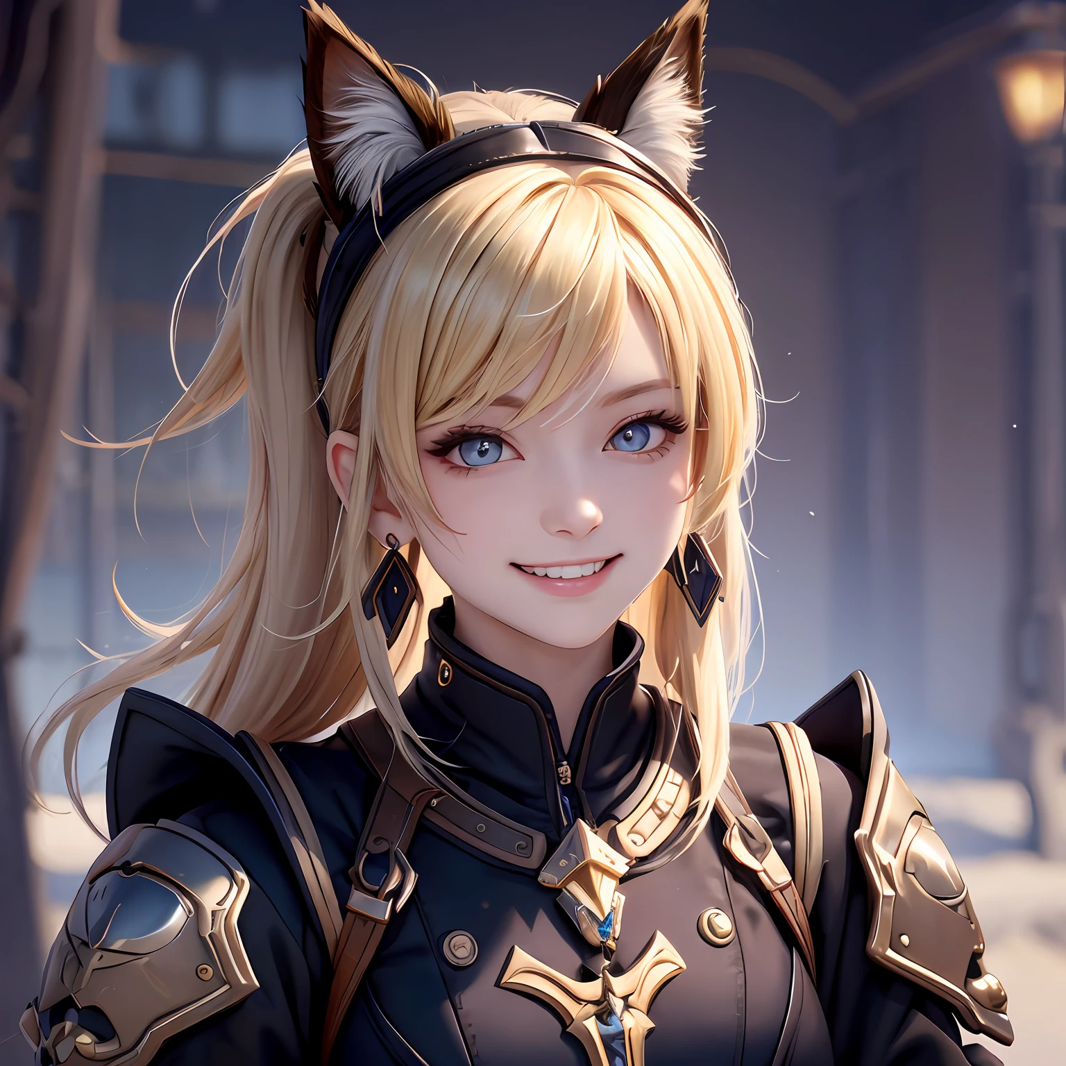 black hair, hair bobbles, longeyelashes, solid circle eyes, fake animal ears, light smile, ear blush, fang, blonde hair, long hair, ponytail, halo, kanzashi, yellow eyes, crescent earrings, evil smile, Surrealism, drop shadow, anaglyph, stereogram, tachi-e, pov, atmospheric perspective, Surrealism, god rays, Eye-Level Shot, 8k, super detail, ccurate, highres --auto