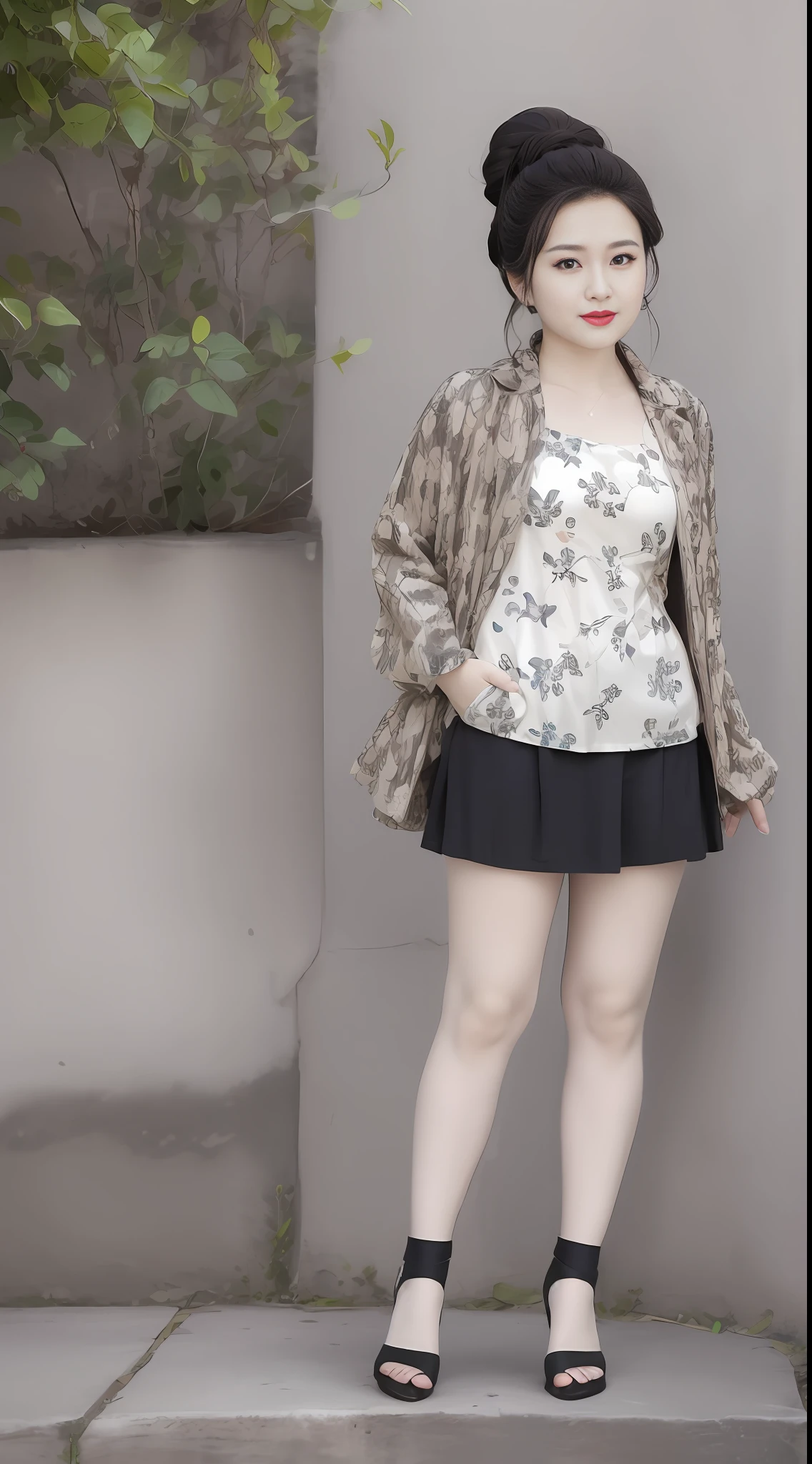 Sweet looking fat girl, long legs, height 180cm, high heels, confident, sunny, beautiful and generous, master photography composition, background blur, refreshing picture, round cute face, Alafeld woman posing for photo in short skirt and jacket, 2263539546], cute: 2, good, female model, with fashion clothing, delicate pattern, 2 D CG, simple stylization, white background: 3, (ivory black), 1285445247], Shaxi