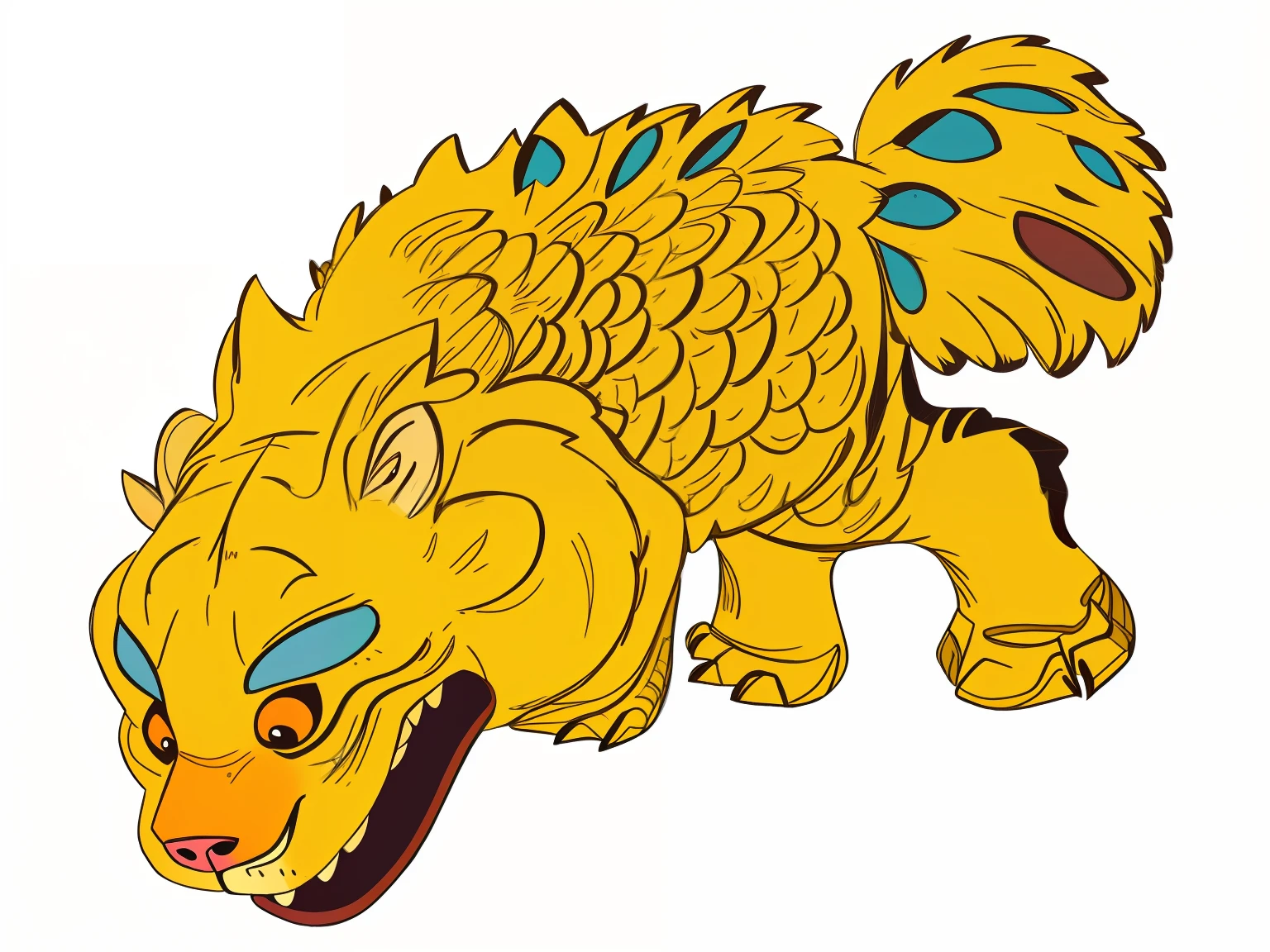 There is a statue of a tiger on the brick wall,Mouth slightly open,Colorful lines on the back,Colored back,Fish scale back,The tail is fluffy,Colored paws,Lovely teeth,animals、 - shaped statue, stunning visual, Anthropomorphic tiger, intriguing details, medium gargoyle soft light, finely painted, great detail, Decorated with traditional Chinese motifs, detailed image, vintage old, Illustration hand drawn, 3 4 5 3 1