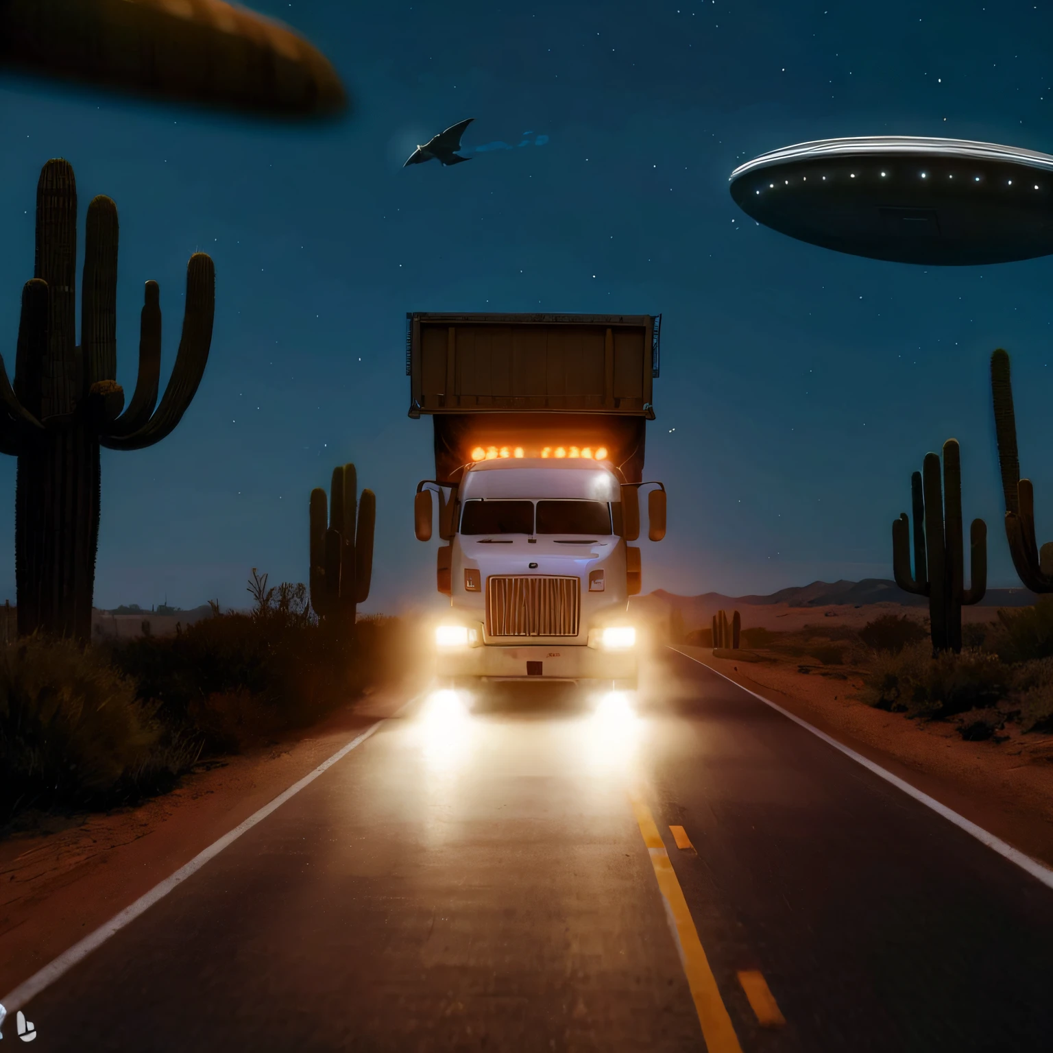 "cargo truck driving in the desert at night"