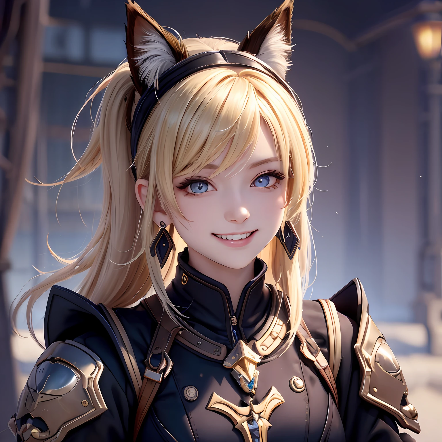 black hair, hair bobbles, longeyelashes, solid circle eyes, fake animal ears, light smile, ear blush, fang, blonde hair, long hair, ponytail, halo, kanzashi, yellow eyes, crescent earrings, evil smile, Surrealism, drop shadow, anaglyph, stereogram, tachi-e, pov, atmospheric perspective, Surrealism, god rays, Eye-Level Shot, 8k, super detail, ccurate, highres --auto