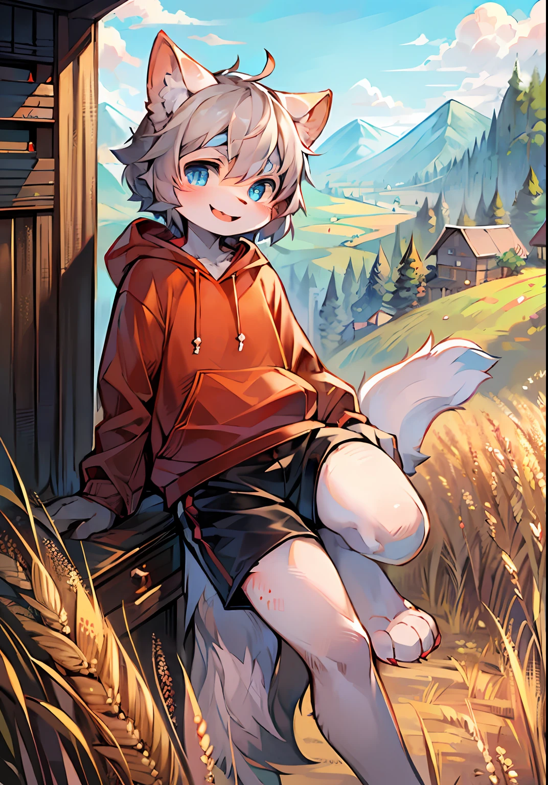 (Bright environment:0.8),masterpiece,high quality,abstract res,digital painting\(artwork\), by dagasi, yupa,kiyosan,(anthro,fluffy fur,character focus:1.1),anthro male cat,short hair,portrait,rural,Ear bushes of wheat , eyes with brightness, Panoramic View, Character focus.(detailed backgrounds:0.8), solo, shaggy, Hairy Male, Male focus,twin, anthr,(Full Body Fur, Fluffy tail, white fur, blue eyes, Gray hair,Hoodies,Black shorts,Sorrisos,Leg up:1.2), (long canids:1.2),(pink meat pad:1.5),(exterior:1.1)