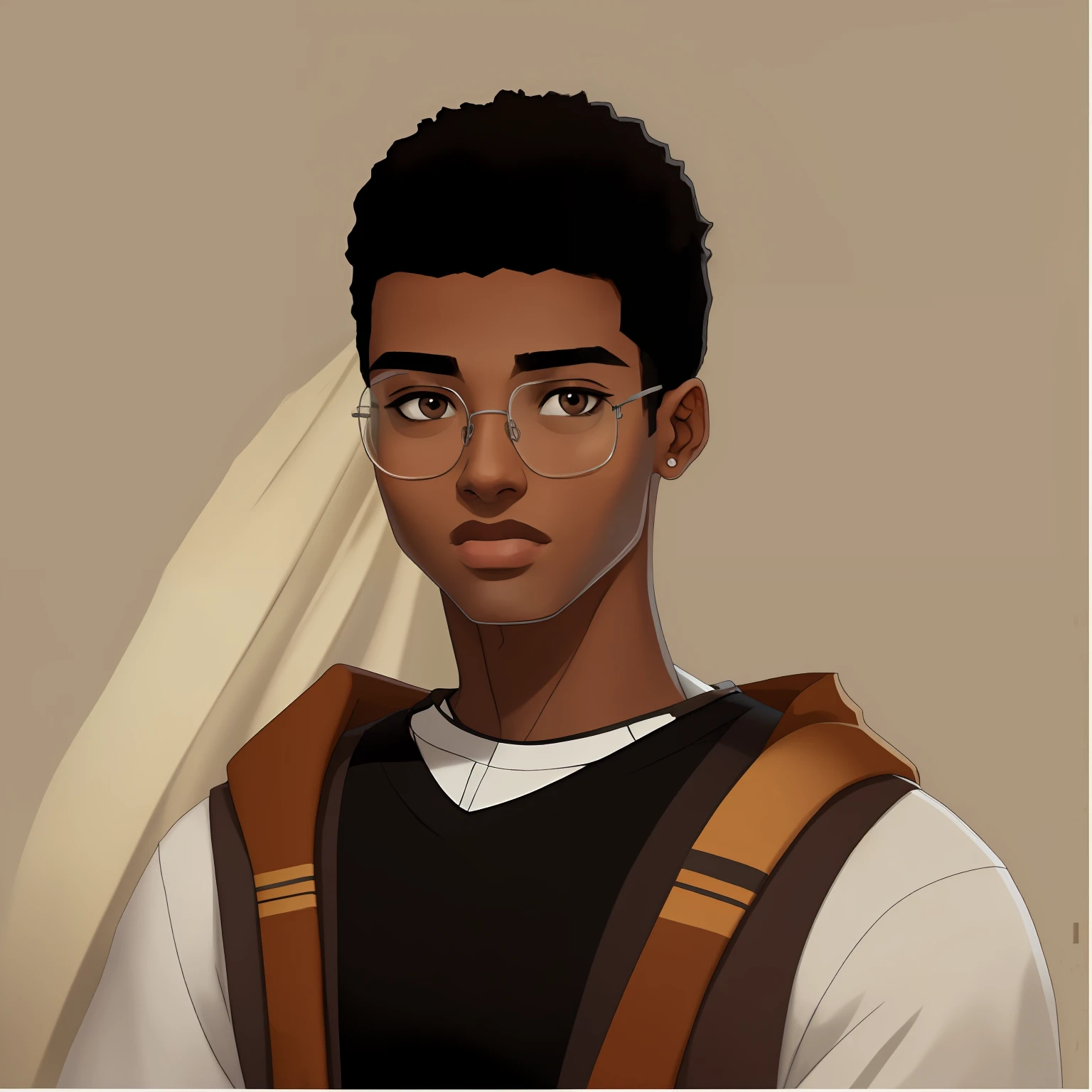 Young Arab boy, pele marrom, eye glasses, cabelo afro, roupas modernas, jovem nerd colegial