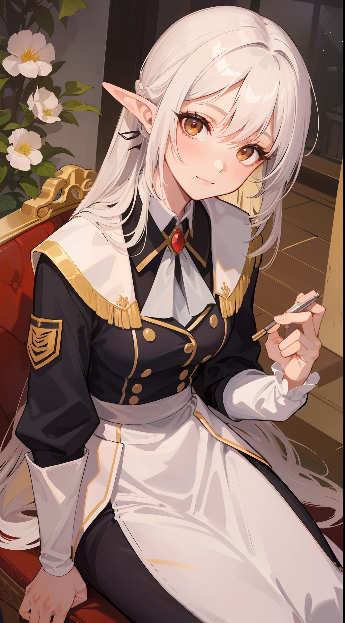 1 girl, wearing a queen's uniform, white hair style split flowers, her hair is tied up beautifully with a cute clip, sharp golden eyes, she is elves milf ((37 year old face)) ((no multiple people))