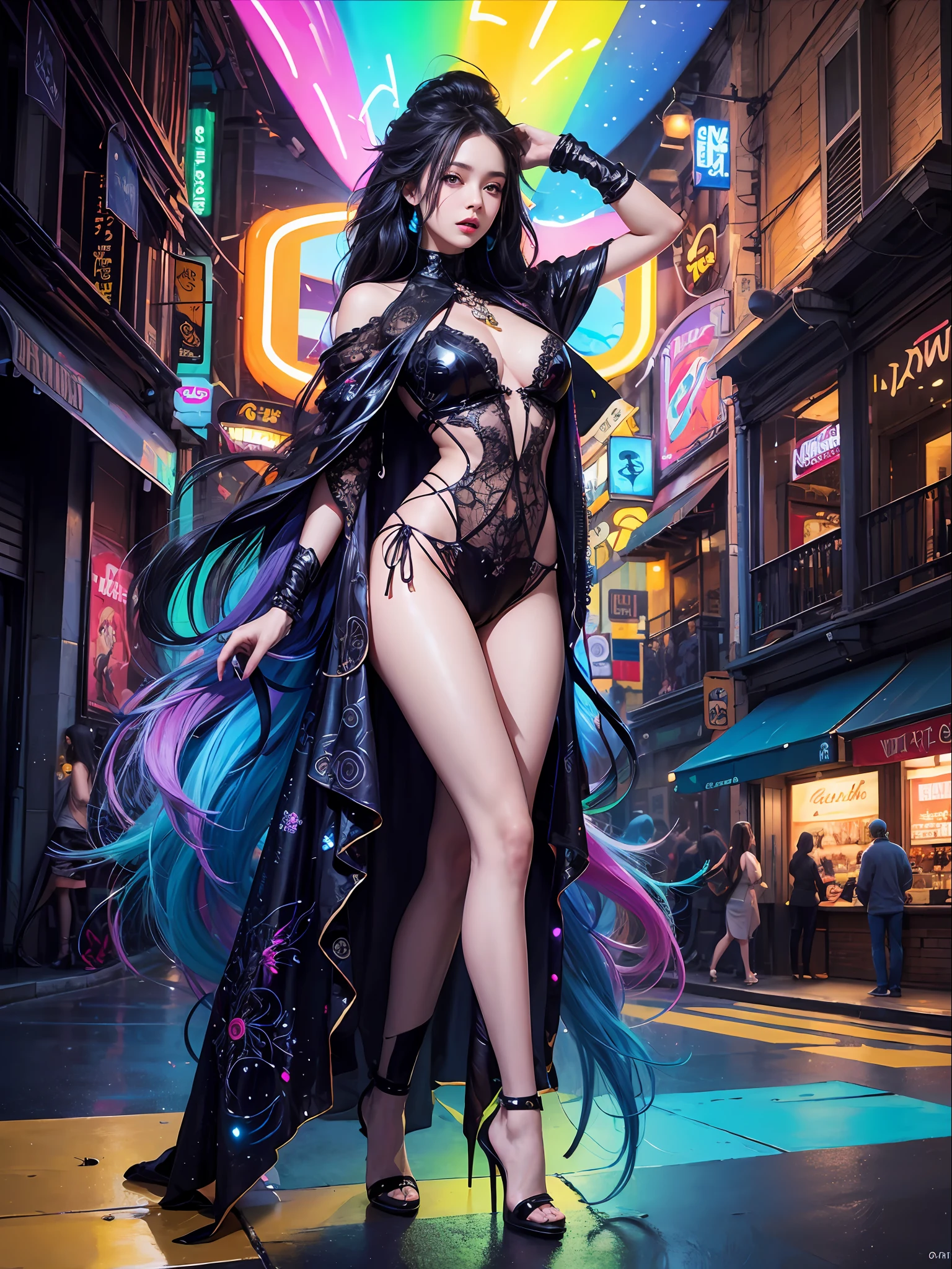 salpicos de cores,Paint splashing,Captivating psychedelic surreal neon amazing universe beautiful gorgeous women in a bright colorful neon light,Mark Reiden、daniel merriam、Bright neon colors in the style of Frank Frazetta and Boris Vallejo, 、blue colors,yellows,model,Pose,street,fashion clothes,HIGH HEELS,Ultra Realism, trippy, ornate, beautiful, fine Detail, intricated detail, Hyper detailed, oil painting, intricate colors,