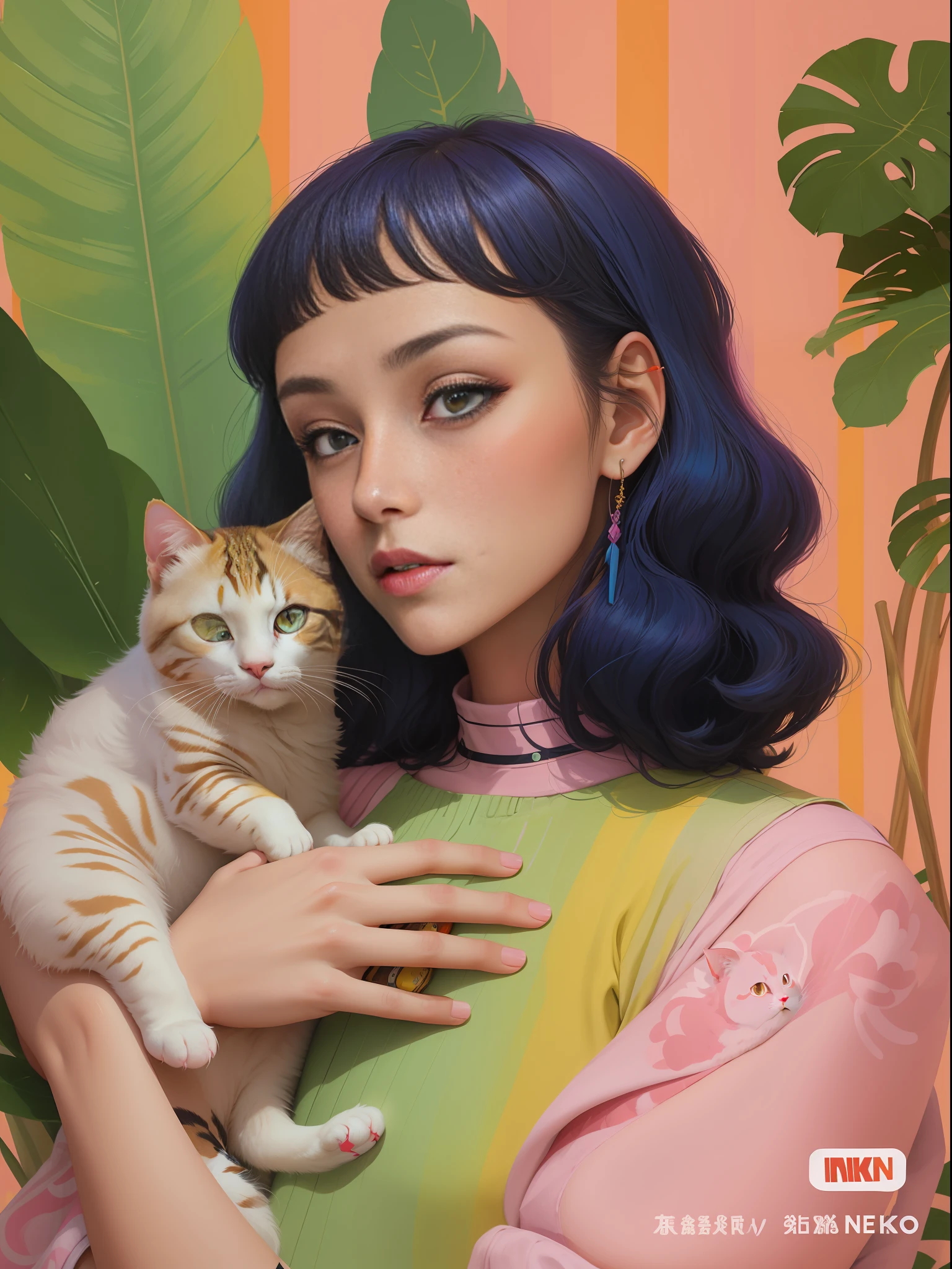 painting of a woman holding a cat in her arms, Look into the camera a cat , fashion,fantasy adorned with collage art in the style of tomokazu matsuyama, iconic album covers, angus mckie, youthful, neogeo,detail, piles/stacks --ar 3:4 --niji 5 --auto