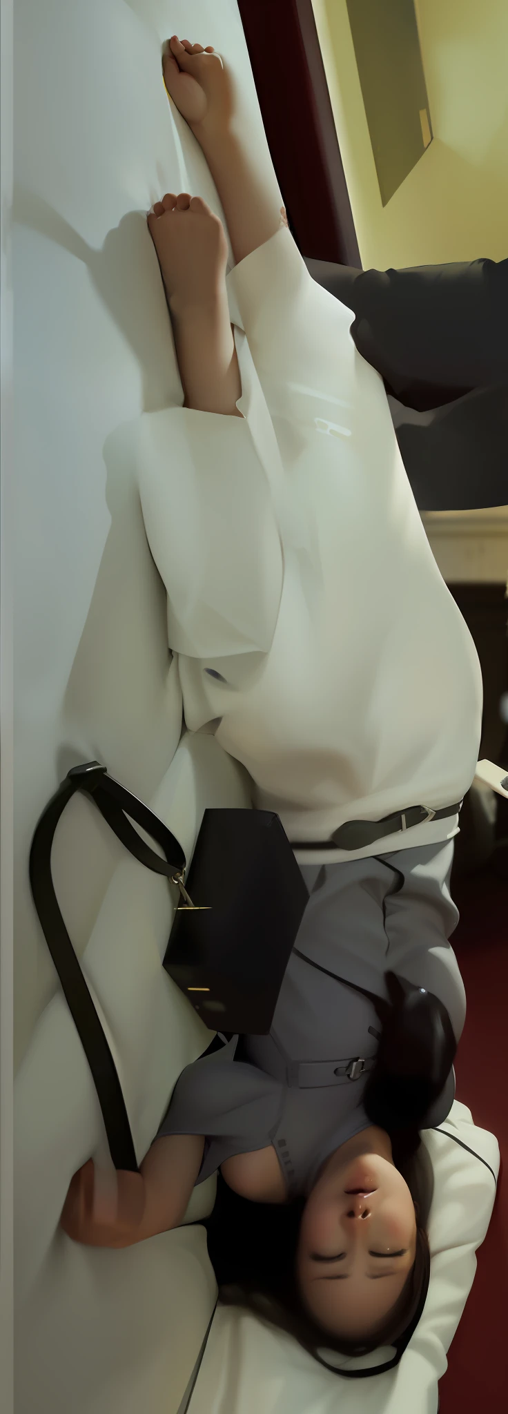 There was a woman lying on the bed，holding a purse, fully clothed. painting of sexy, smooth. digital paintting, inspired by Richard Hamilton, torso portrait, wide torso, digital painted, in style of digital painting, digital art but photo, #1 digital paintting of all time, # 1 digital paintting of all time, digital painted