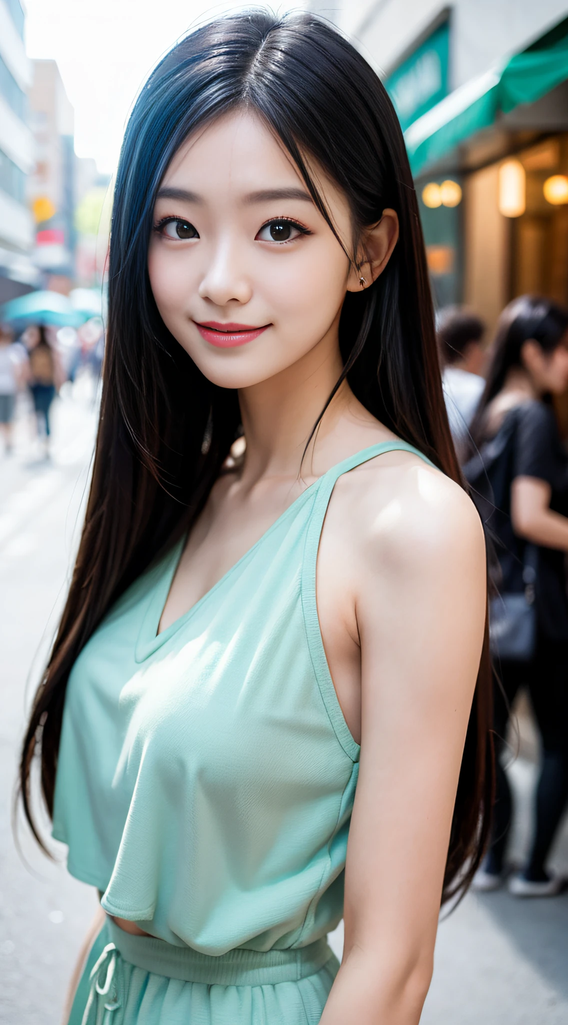 Top CG,1 girl, long black hair, long flowing hair, beautiful, on the street, day, bangs, summer style, sweet smile,