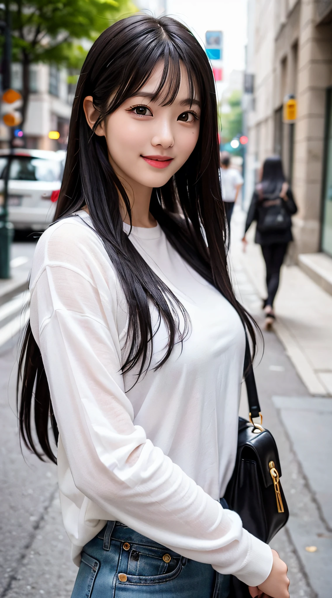 Top CG,1 girl, long black hair, long flowing hair, beautiful, on the street, day, bangs, summer style, sweet smile,