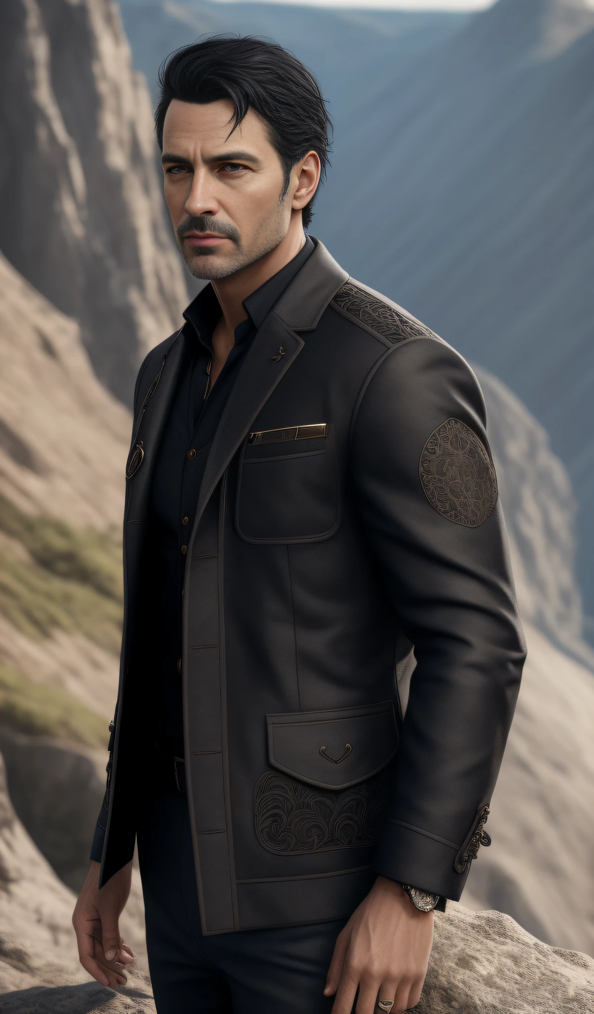 a realistic photo of an elegant man, 40 years, dark eyes, black hair, intricate details, full body shot,cliff as background,8k post production, high resolution, hyperdetailed, trending on artstation, sharp focus, studio photo, intricate details, highly detailed