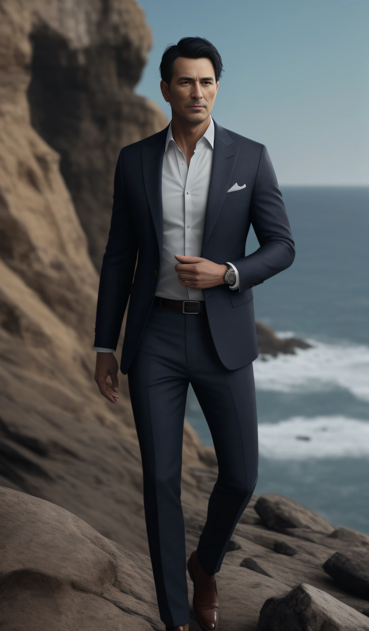 a realistic photo of an elegant man, 40 years, dark eyes, black hair, intricate details, full body shot,cliff as background,8k post production, high resolution, hyperdetailed, trending on artstation, sharp focus, studio photo, intricate details, highly detailed