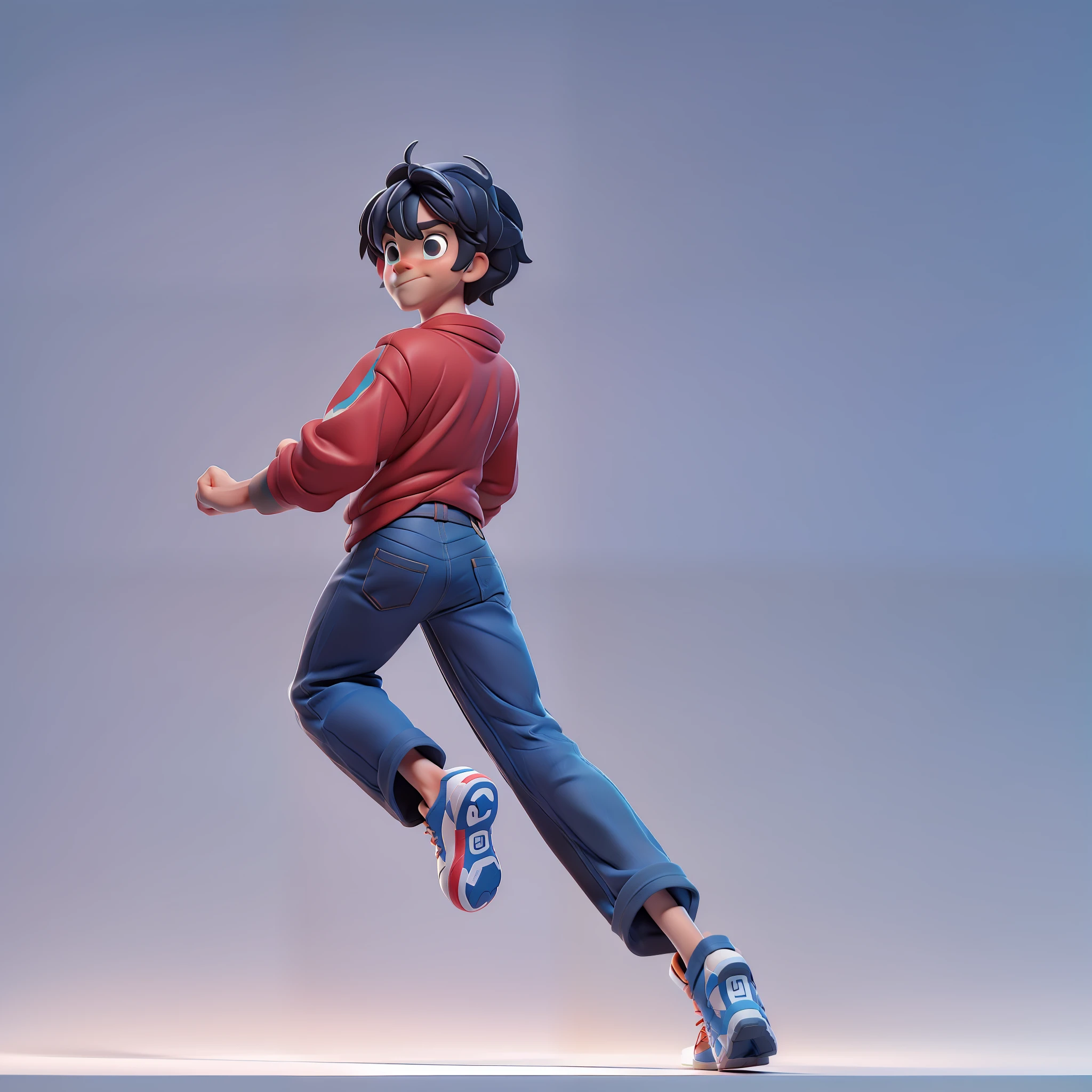 8k,1boy,The boy,Running back,Black Short Hair,blue jeans pant,Gray sneakers,red coat,The back is exposed,Dore,wholebody,The run,back view,best picture quality,super high res,WHITE BACKGROUND,Portraits