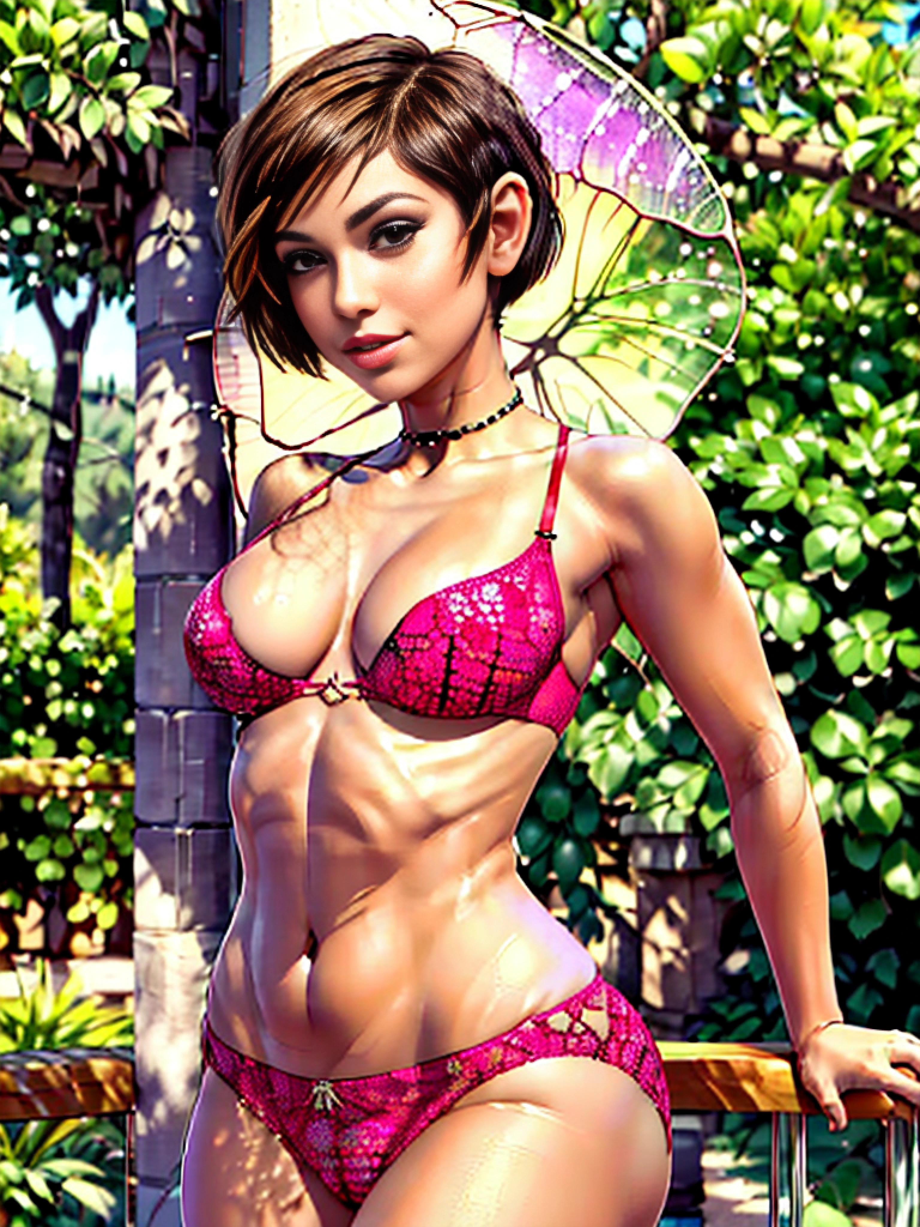 (high resolution, incredibly perfect in pixels, luxurious illustration), (Ultra quality, masterpiece: 1.4), nagatiti, (medium breasts: 1.75), (breast tightness: 1.3), (bimbo 1.25 ), (normal breasts: 1.4), (Realism:1.4), (Realisitc:1.4), (Absurds:1.4), 8K, Ultra-detailed, beautiful detailed mature face,(Solo:1.4), gorgeous short (red honey) hair, (((pixie cut))), 1Girl, (Face viewer: 1.25), intricate body details, (Milf: 1.4), (Curvy:1.35), mexican woman in raibow lingerie posing on a balcony, tumblr, dada, torn, very beautiful, curvy fit physique, fitness model, thick body, superhero bikini bodybuilder