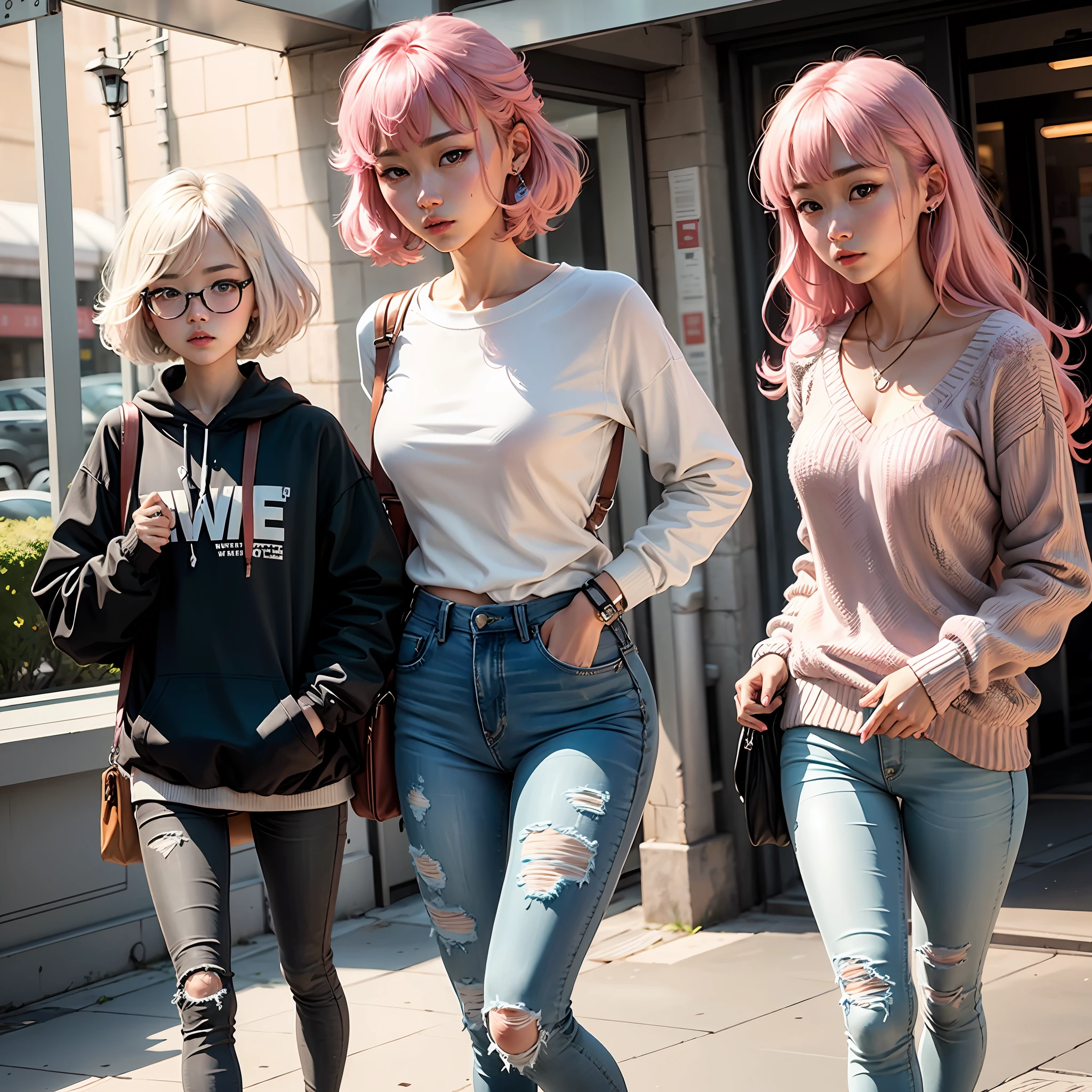 Bangs、Pink hair、Large hanging eyes、bullish、22歳の男、White knitwear、Light blue denim skinny、Damaged jeans --auto