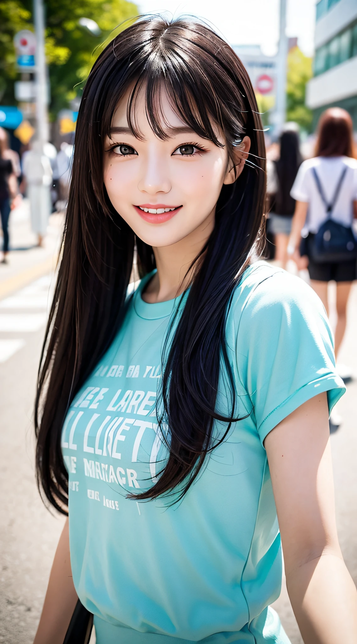 Top CG,1 girl, long black hair, long flowing hair, beautiful, on the street, day, bangs, summer style, sweet smile,