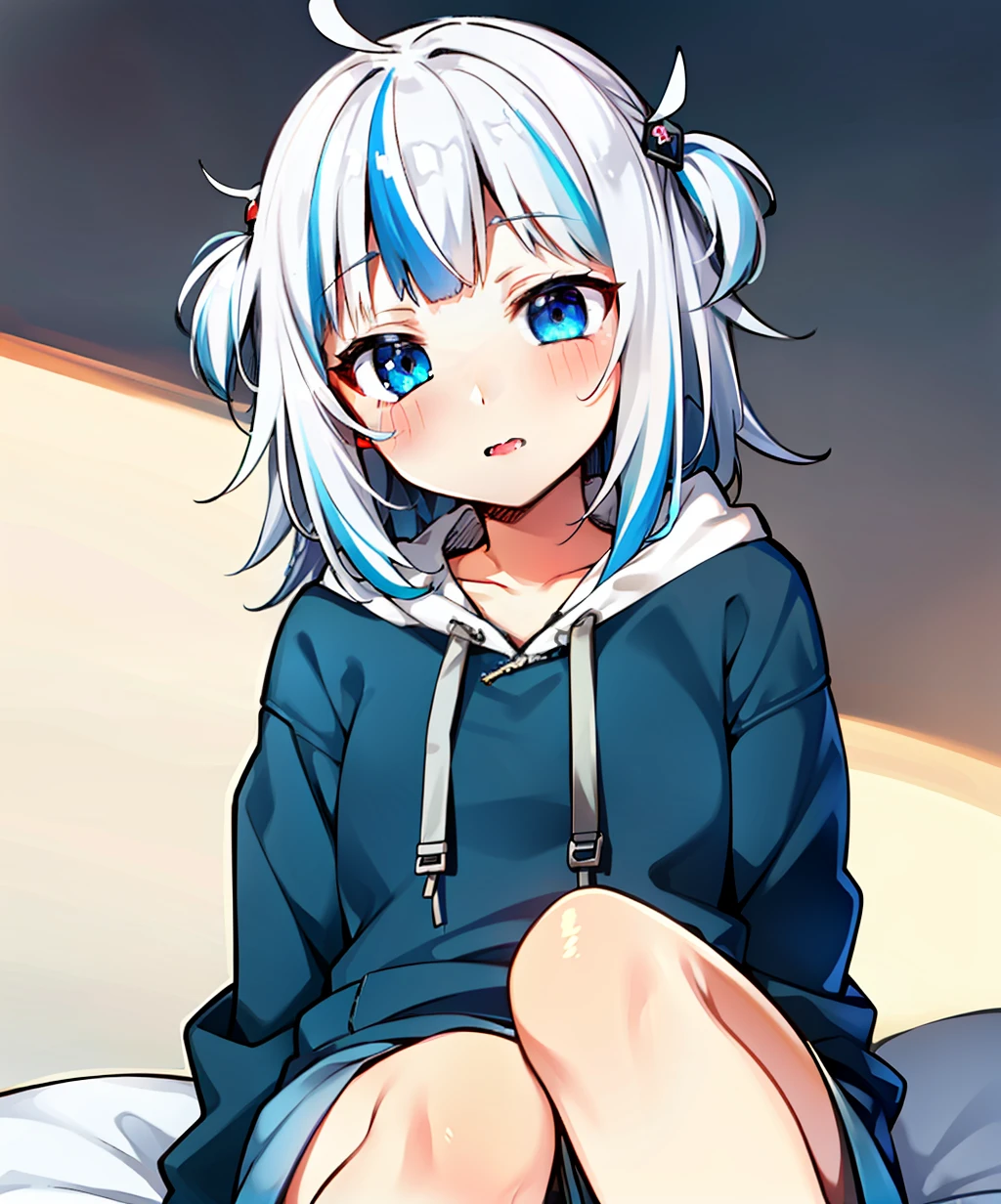 SFW, Female, Masterpiece, Very Detailed, Ultra Detailed, Best Quality, Highest Quality, 1girl, Solo, Gawr Gura, Bright Blue Eyes, (Blue Highlights in Hair), (Blush), Perfect Eyes, Perfect Face, Blue Hoodie, Short Shorts, Bedroom Setting