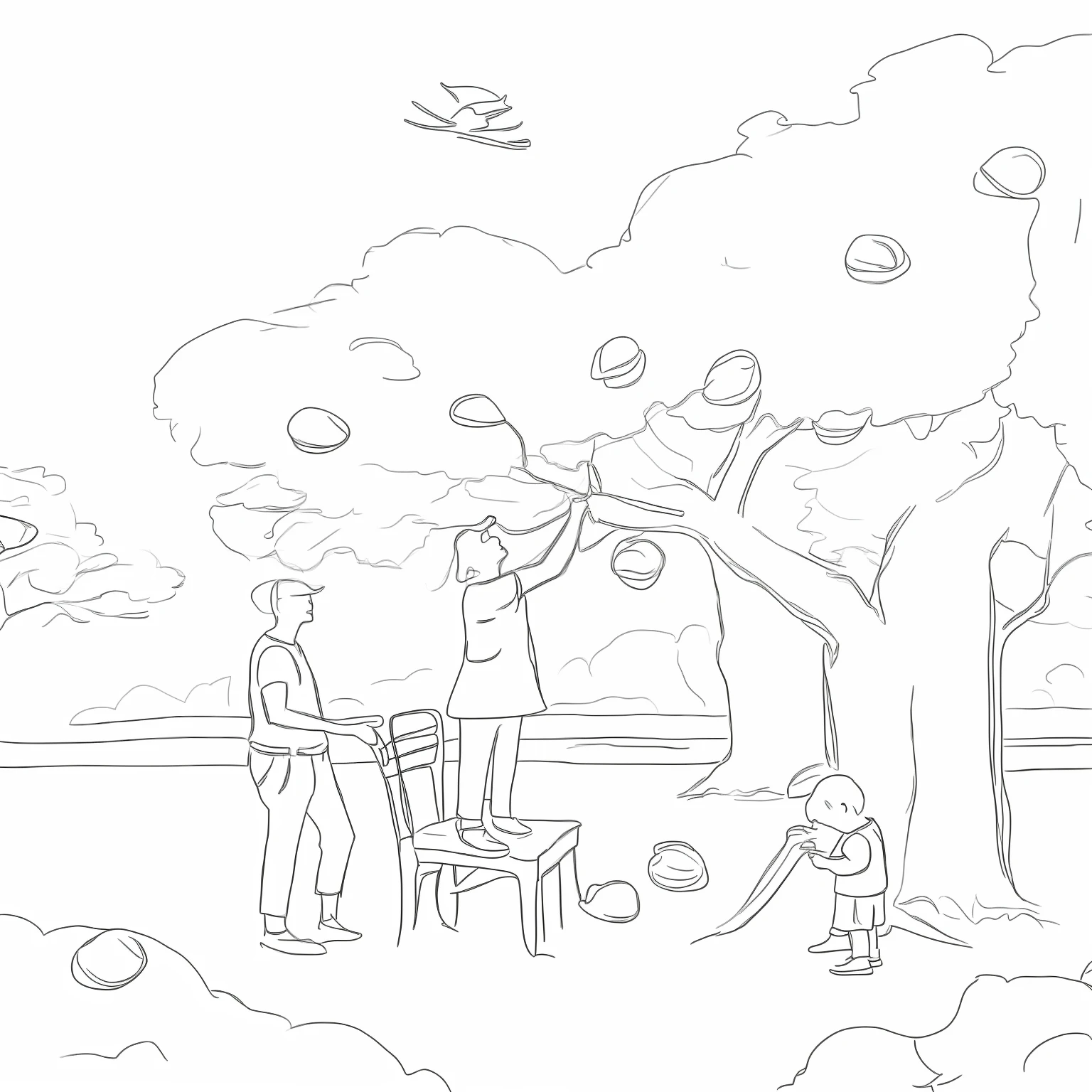 A family picks peaches in the park,Woman standing on chair picking peaches,The man held on to his chair,The boy holds a peach in his hand,sketch illustration