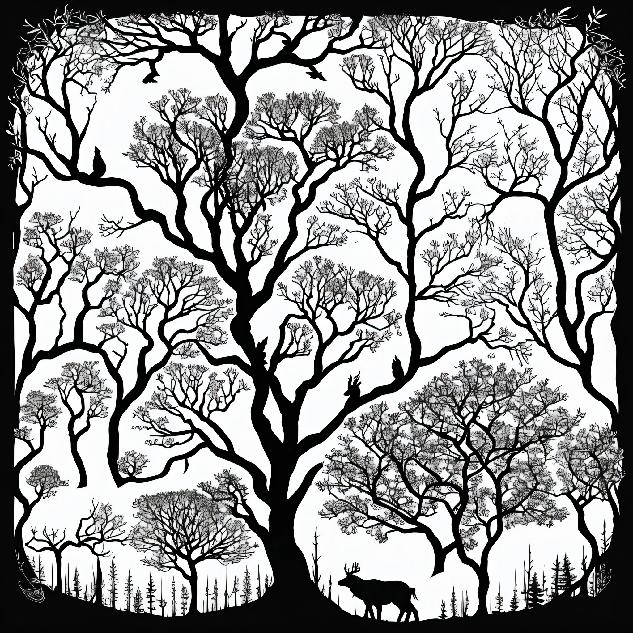 Forest silhouette aesthetic detailed vector, beauty hand drawn vector, drawing sketch, black forest vintage illustration.