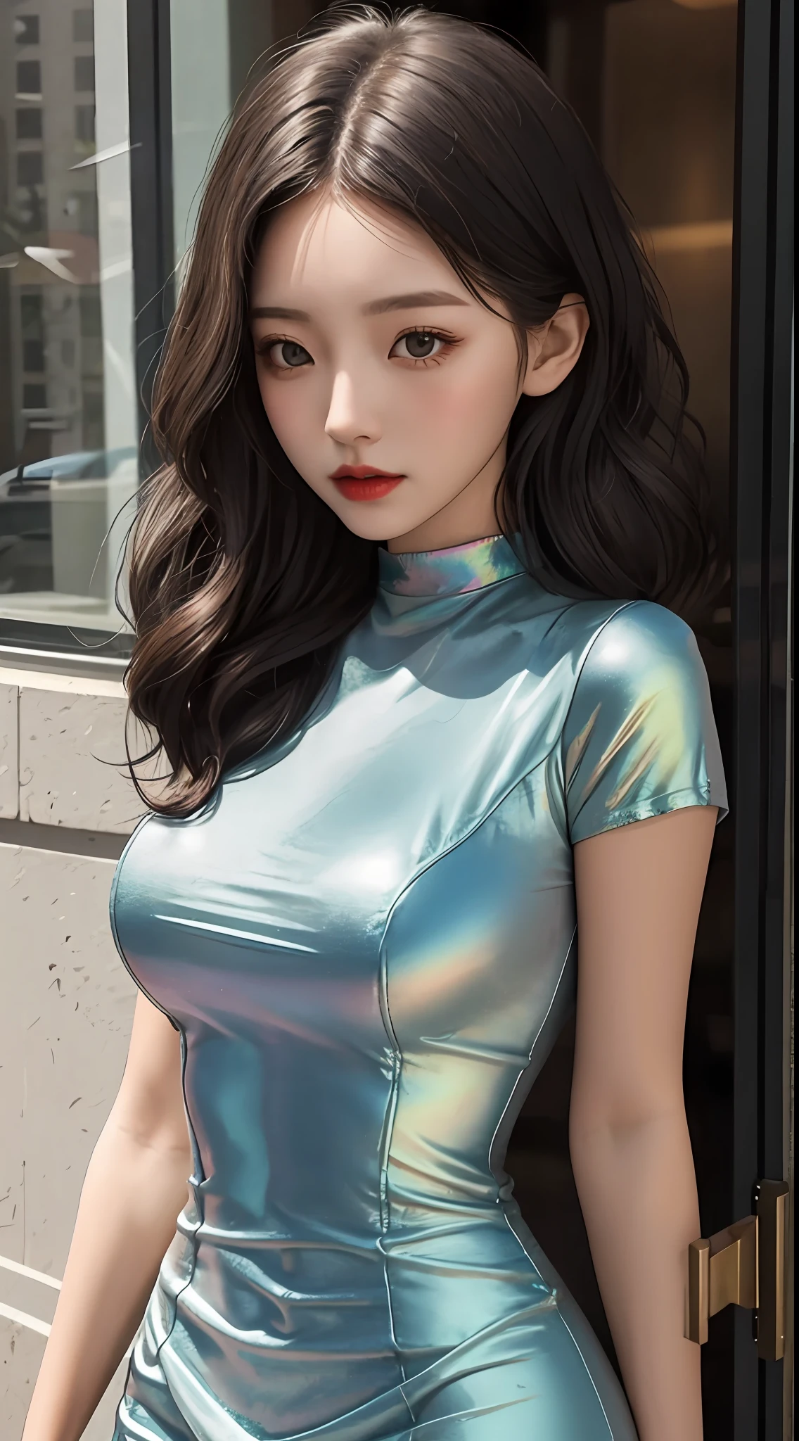 gal girl, single, the best quality t, upper body, beatiful, pretty, radiantly, Breasts Large,Short iridescent hair,skintight dress