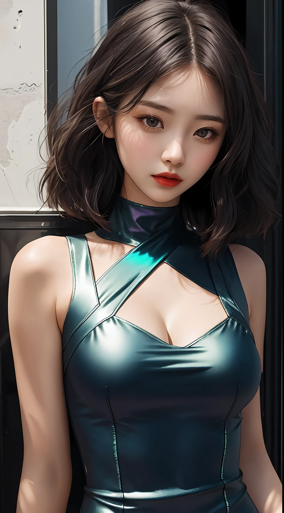 gal girl， single， the best quality t， upper  body， beatiful， pretty， radiantly， Breasts Large，Short iridescent hair，skintight dress