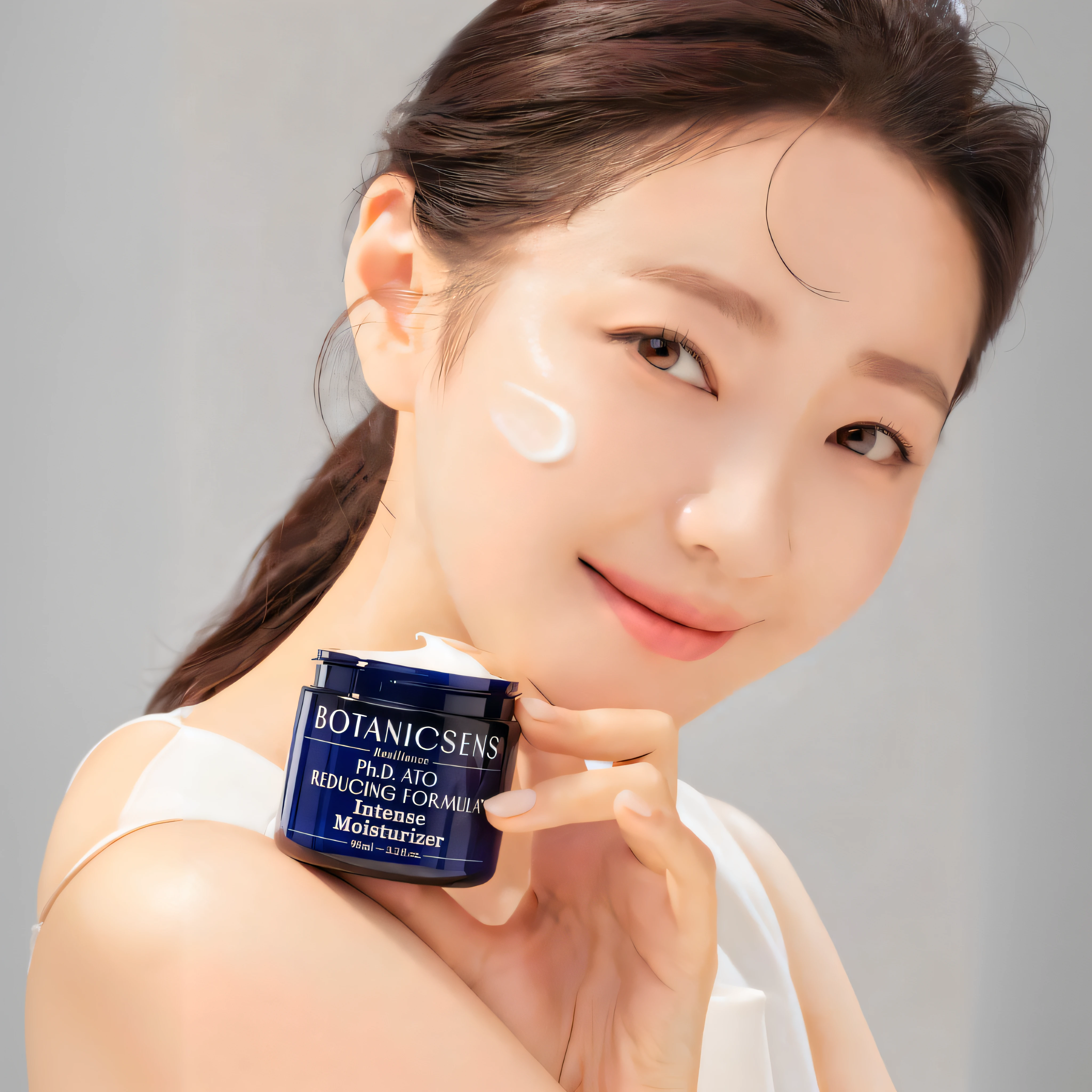 arafed woman holding a jar of moist cream in her hand, photoshoot for skincare brand, portrait shot, Her-min, bottom angle, pleasing face, milky skin, Photo Hot, high quality topical render, an artistic pose, smooth porcelain skin, biolusence, skincare, gorgeous young Korean woman, close angle, mid shot portrait, official product photo