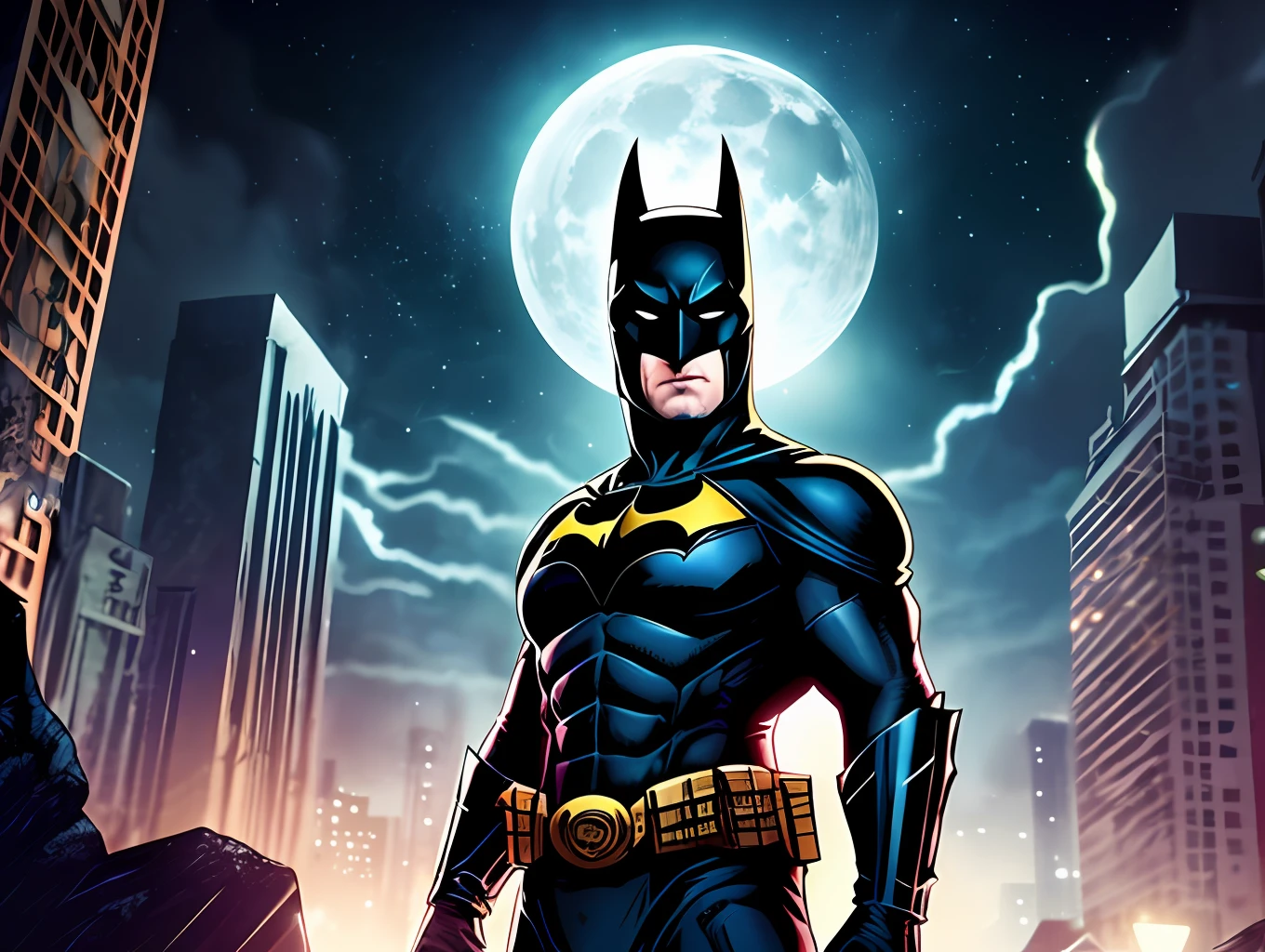 Batman from the dark knight stands imposing in a gothic lost city. Moonlight highlights your muscles and scars. The scenery is lush and mysterious, with futuristic tech and surroundings. The camera details everything, a warrior woman, in front of him.