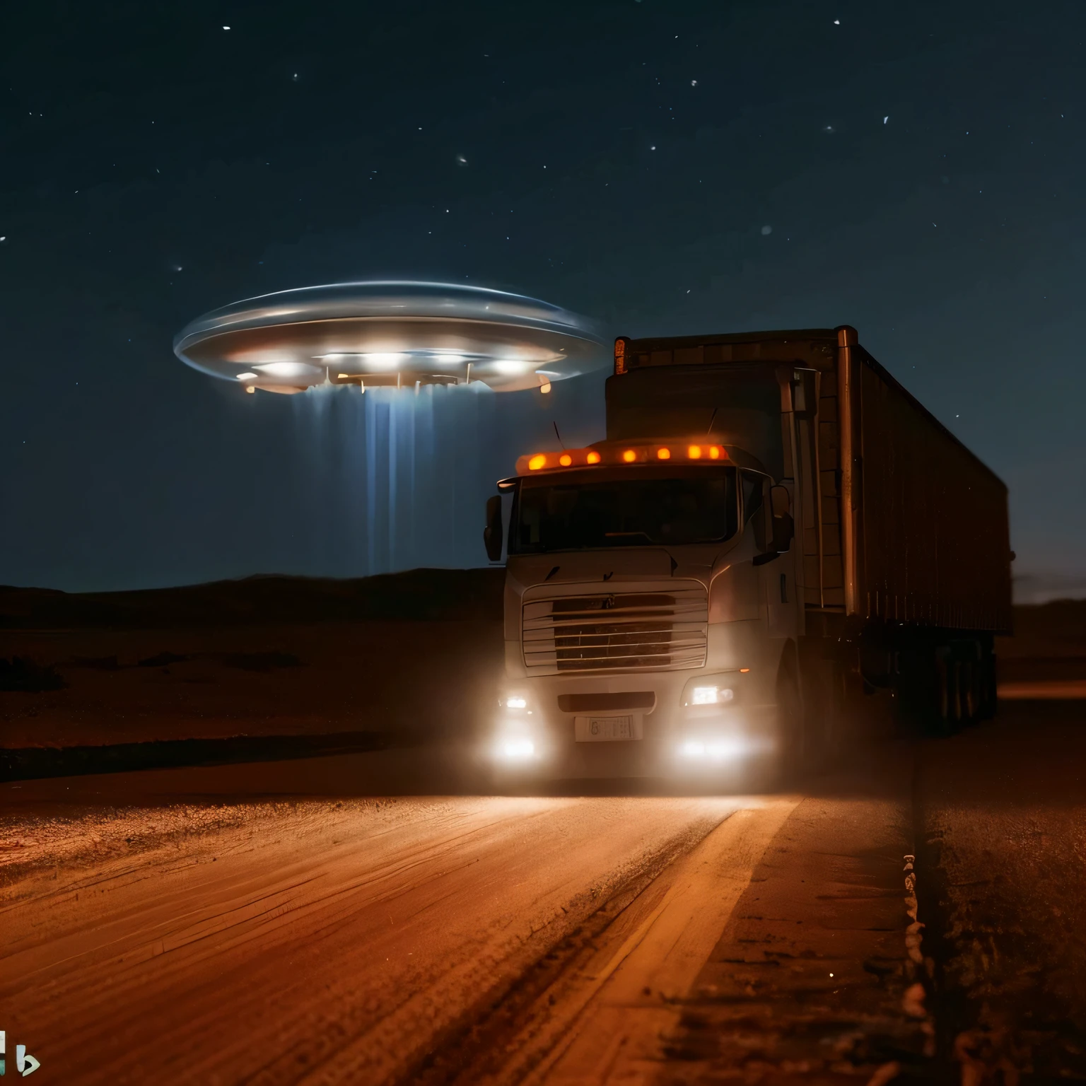 truck driving at night on dirt road with unidentified object following next to you