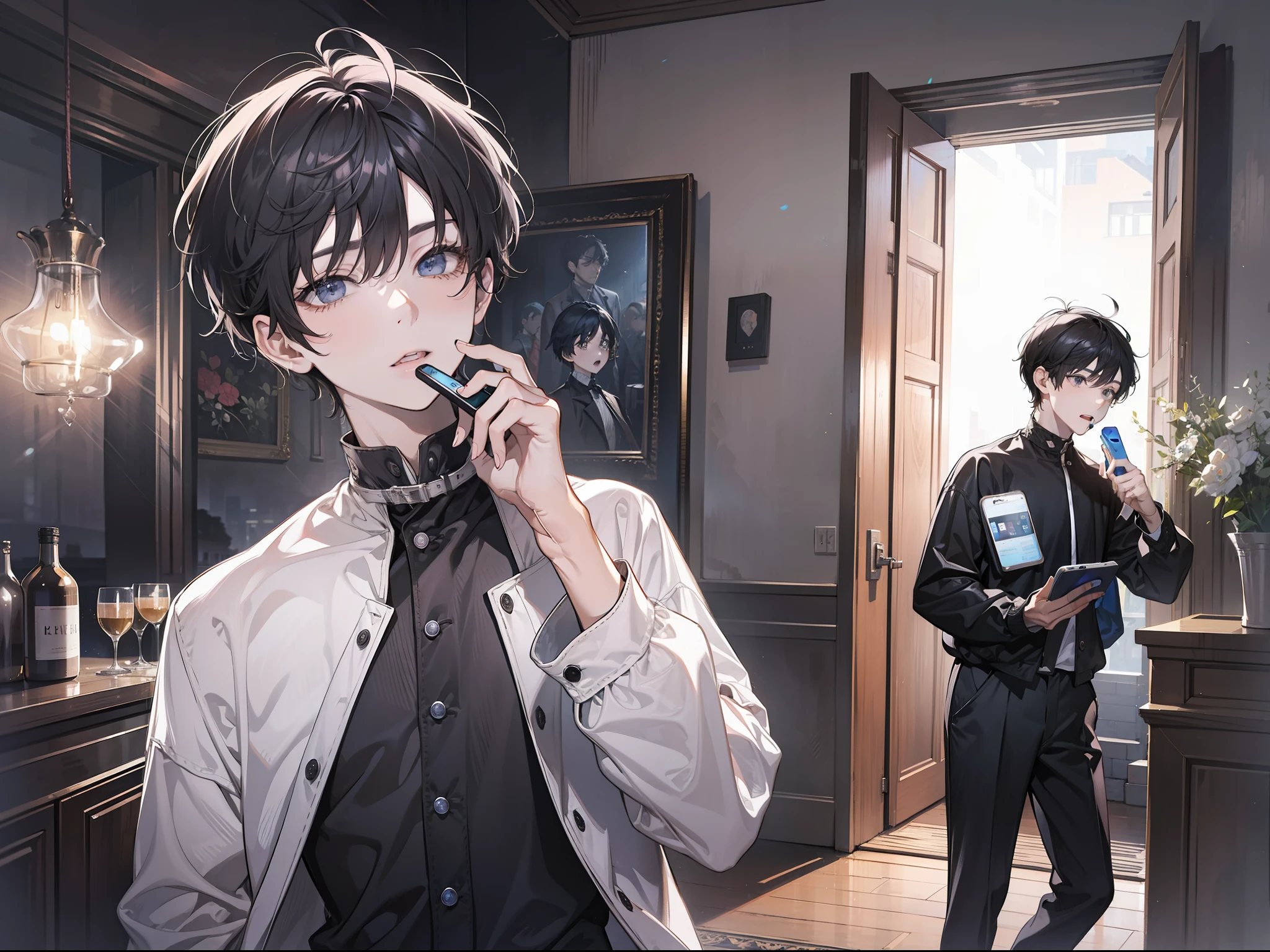 A man with short black hair, cute looking, holding a mobile phone in his hand, opening his mouth, the background is his own home
