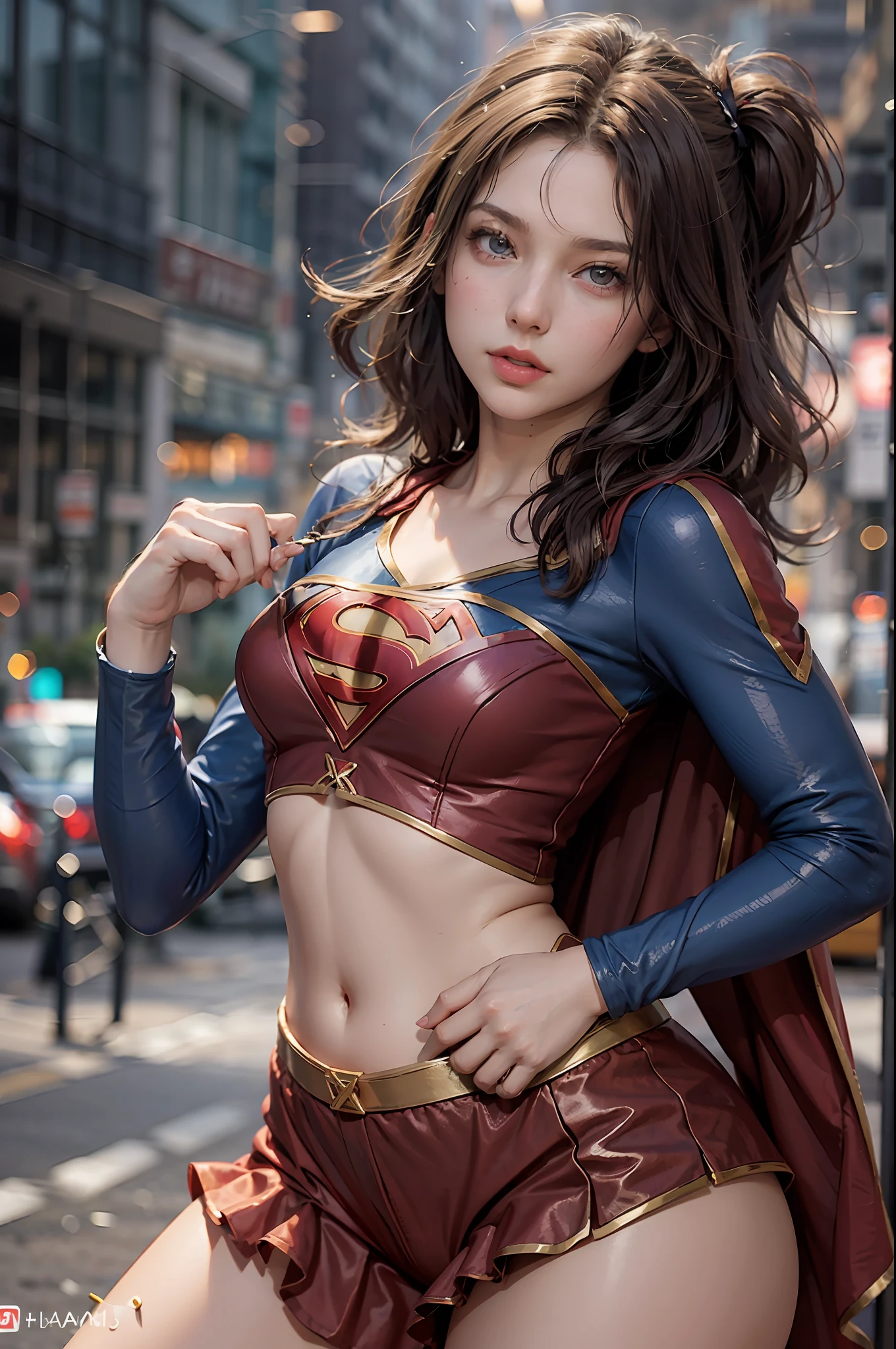 Taylor Swift loira seios grandes, bunda grande, posando para uma foto,(vestindo supergirl_cosplay_outfit,roupa branca e vermelha: 1.3), good hand,4k, hight resolution, obra-prima, melhor qualidade, head:1.3,((fotografia Hasselblad)), pele finamente detalhada, focus sharp, (cinematic lighting), fcollarbone, noite, mild lighting, dynamic angle, [:(face detalhada:1.2):0.2],(((fundo da cidade))), fora,