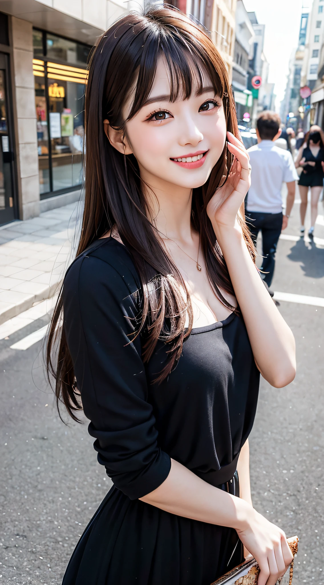 Top level CG,1girl, black long hair, flowing long hair, beautiful, On the street,day,With bangs,Summer Style,Dessert,Dessert in hand,Smiling sweetly,Dessert,Summer outfits