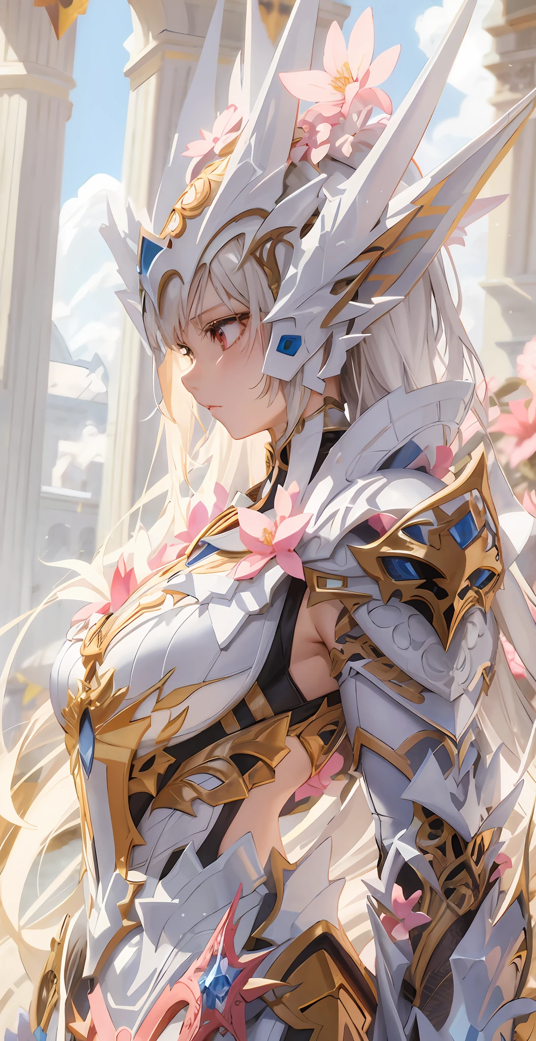 Alafi wears white and gold clothing,There is a pink flower on it, detailed digital anime art, detailed anime art, detailed anime artwork, 8k high quality detailed art, intricate ornate anime cgi style, beautiful armor, sliver ice color reflected armor, anime art wallpaper 4k, anime art wallpaper 4 k, stunning armor, detailed key anime art, anime fantasy artwork