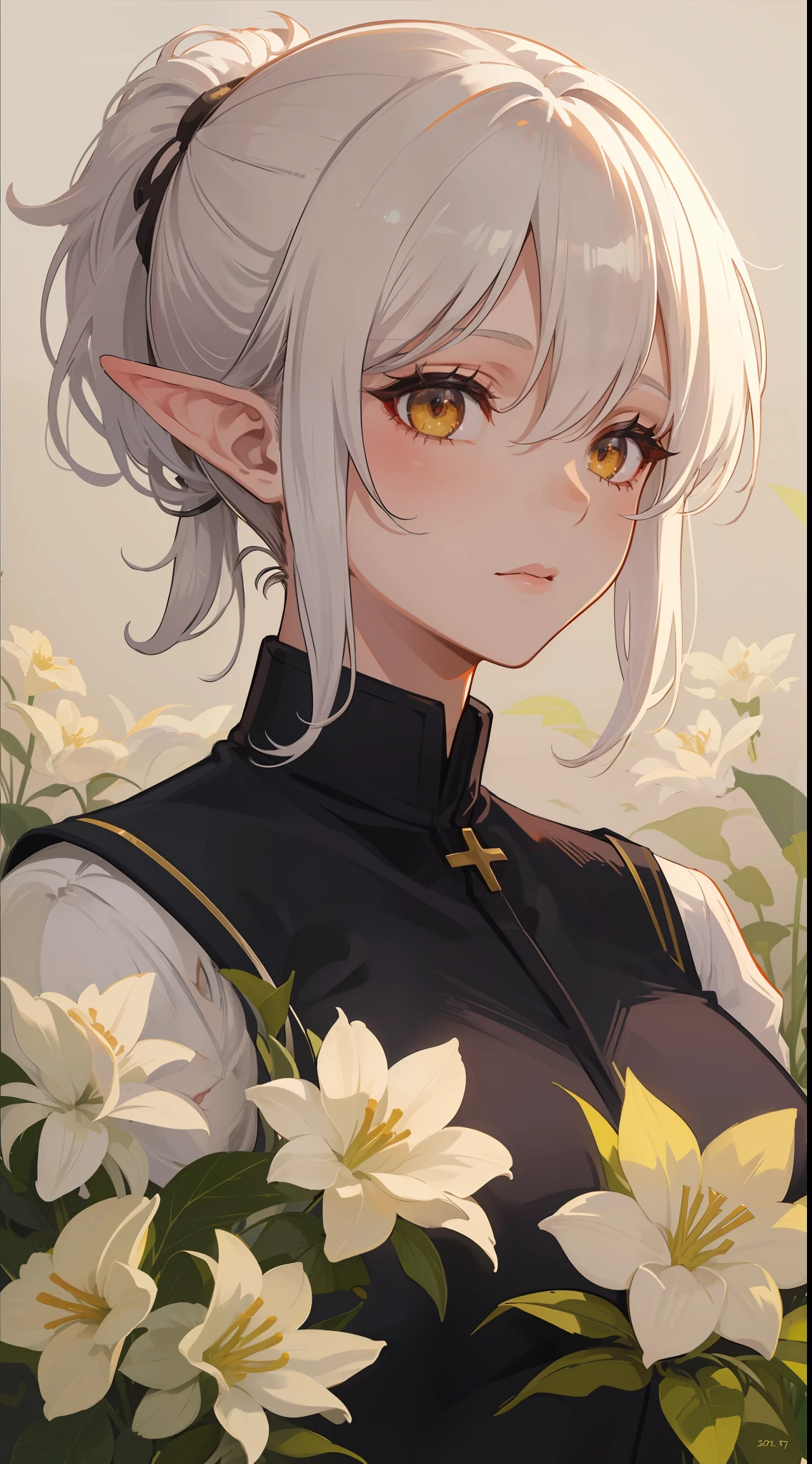 1 girl, wearing a holy knight uniform, white hair style split flowers, her hair is tied up beautifully with a cute clip, sharp golden eyes, she is elves milf ((37 year old face)) ((no multiple people))