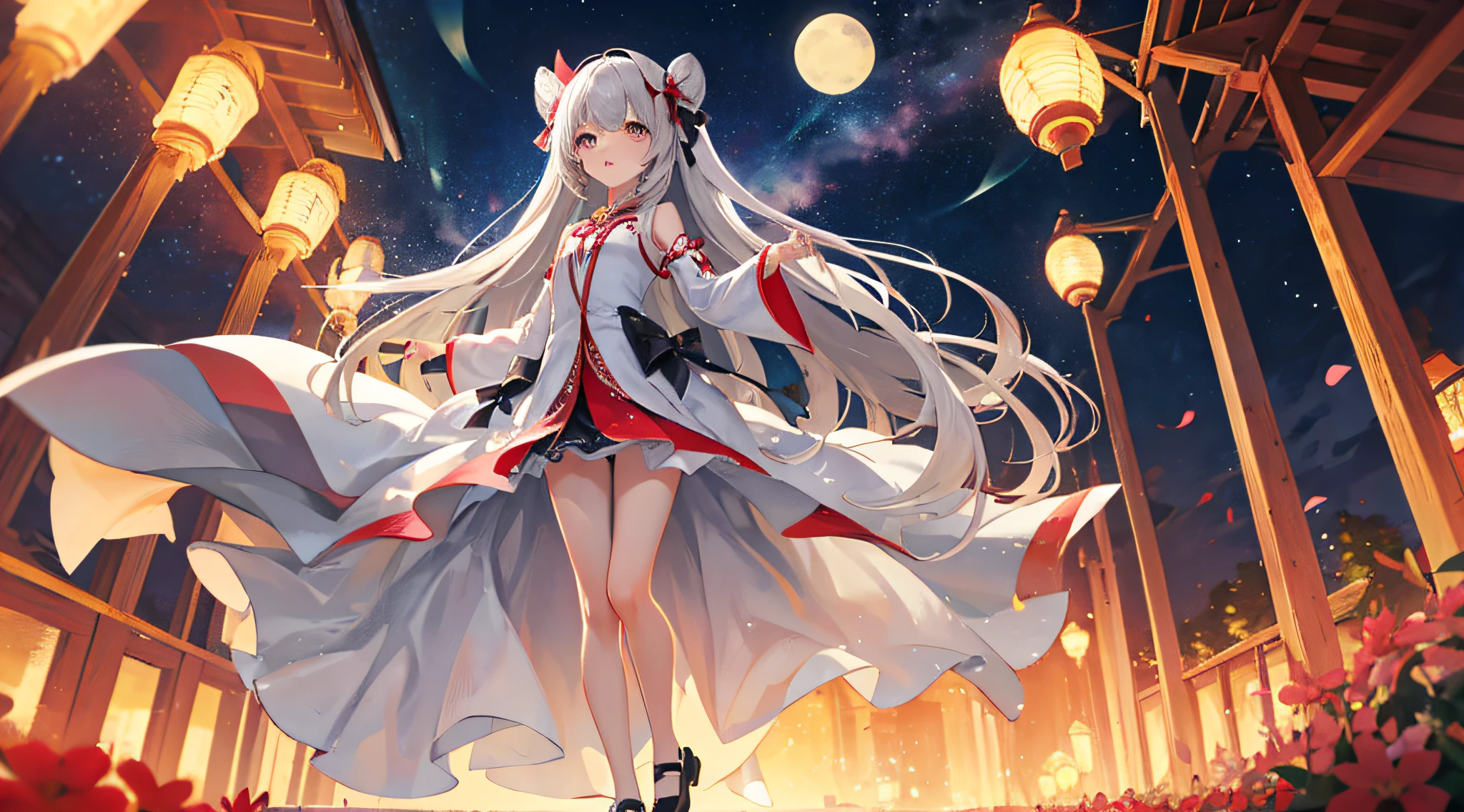 nine-tailed fox，Ali，slim legs，Small white shoes，weddingdress，Ultra-Wide Angle，a ，solo，Night sky，Stand up，ancient architecture，Southeast Asian architectural style，Peach Blossom，Bow，Long gray hair，Incredibly long hair